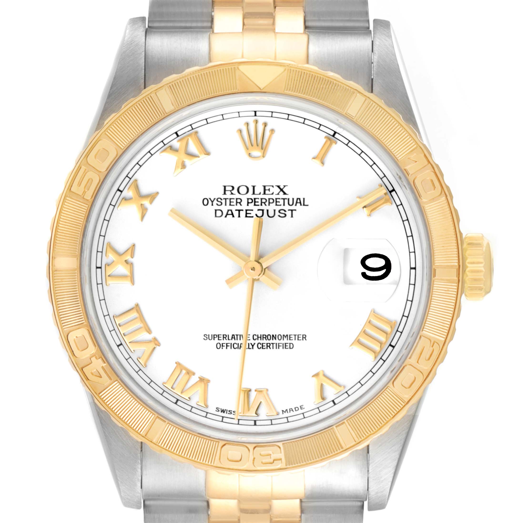 The image shows a Rolex Turn-o-Graph 16263 Men
s Steel and Gold (two tone) White Dial 16263 Men
s Steel and Gold (two tone) White Dial Datejust watch from a top-down angle, highlighting the bezel, dial, and portion of the bracelet.