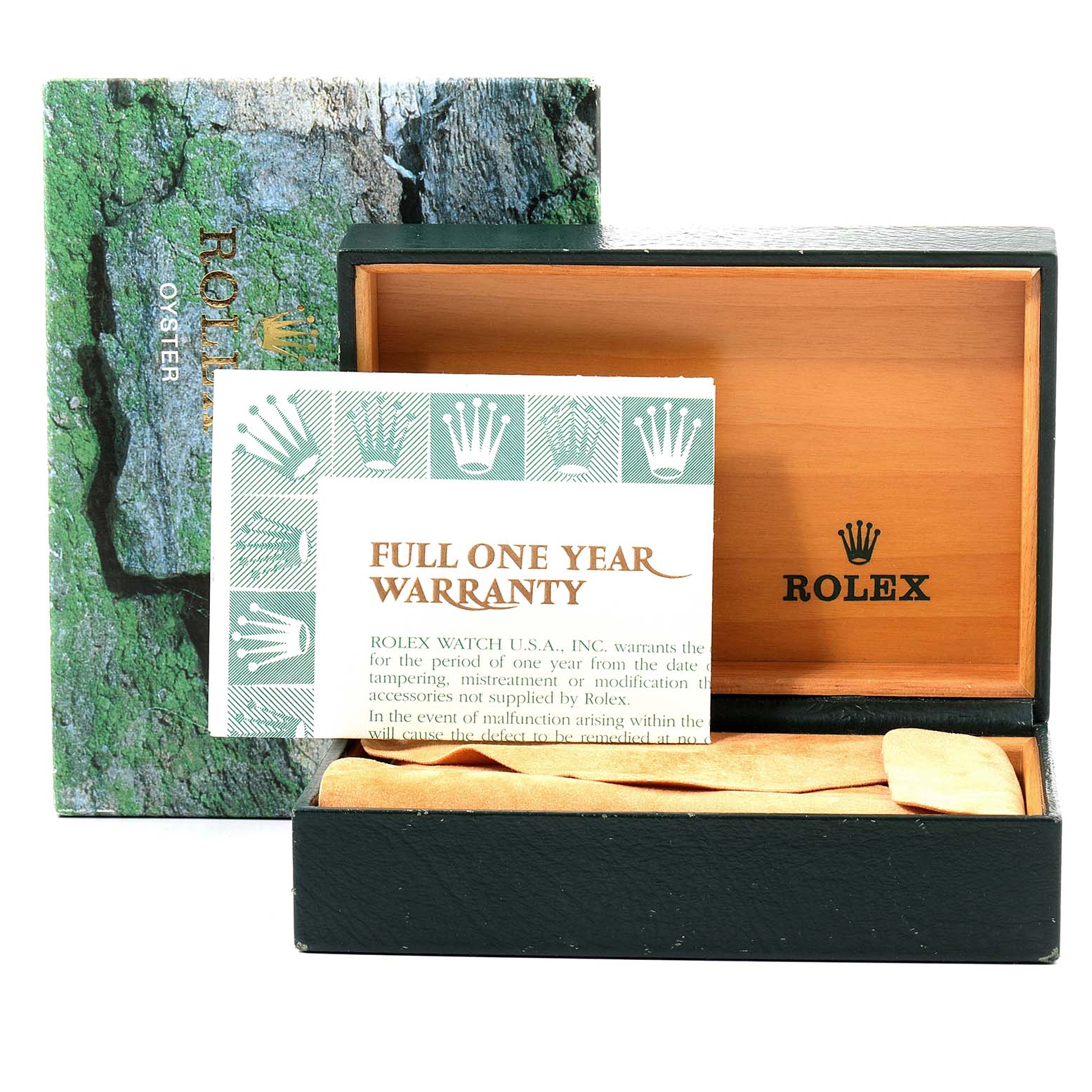 This image shows the packaging and warranty card for the Rolex Turn-o-Graph 16263 Men
s Steel and Gold (two tone) White Dial 16263 Men
s Steel and Gold (two tone) White Dial model from a front angle.