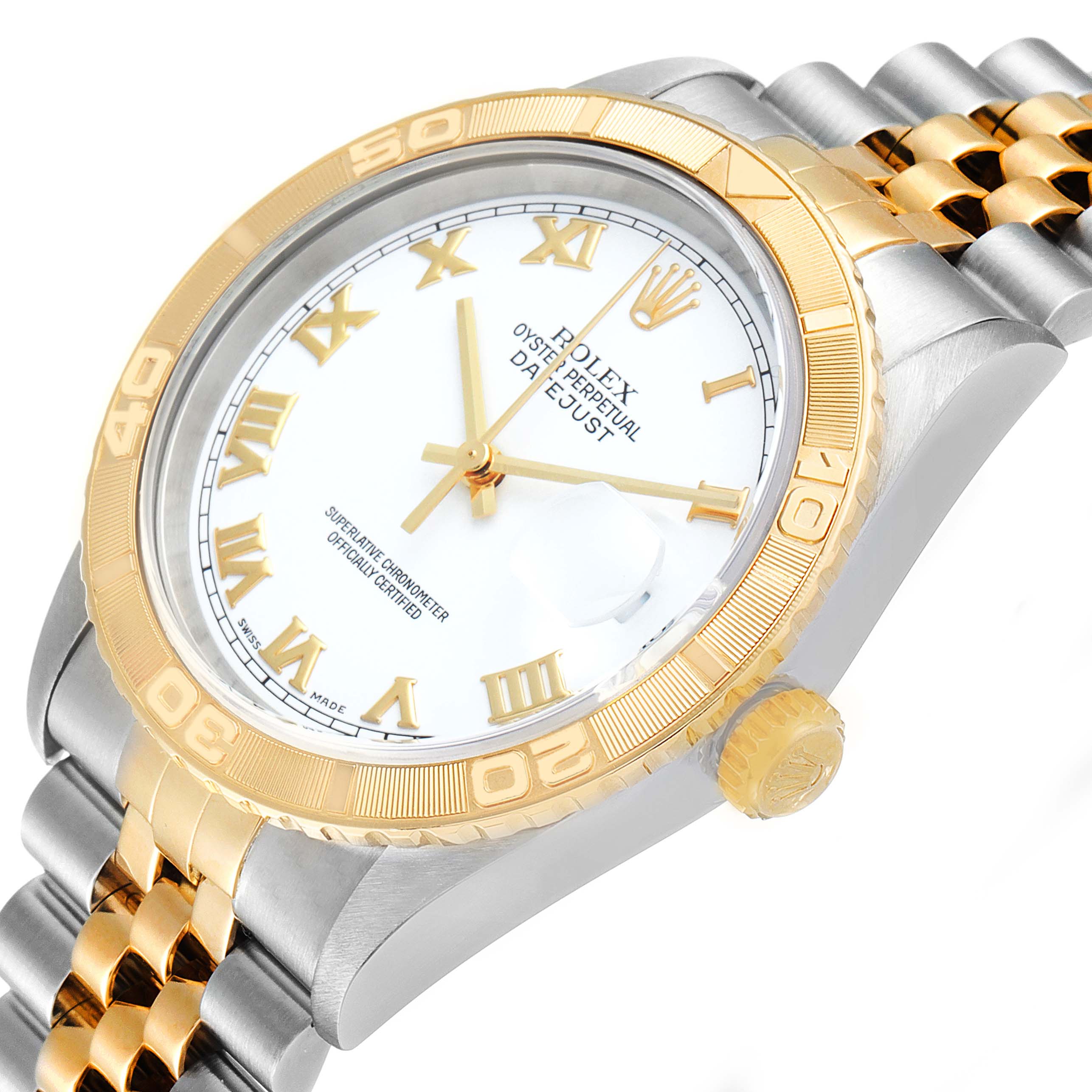 The image shows a Rolex Turn-o-Graph 16263 Men
s Steel and Gold (two tone) White Dial 16263 Men
s Steel and Gold (two tone) White Dial watch angled from the upper right, highlighting the bezel, crown, and bracelet.
