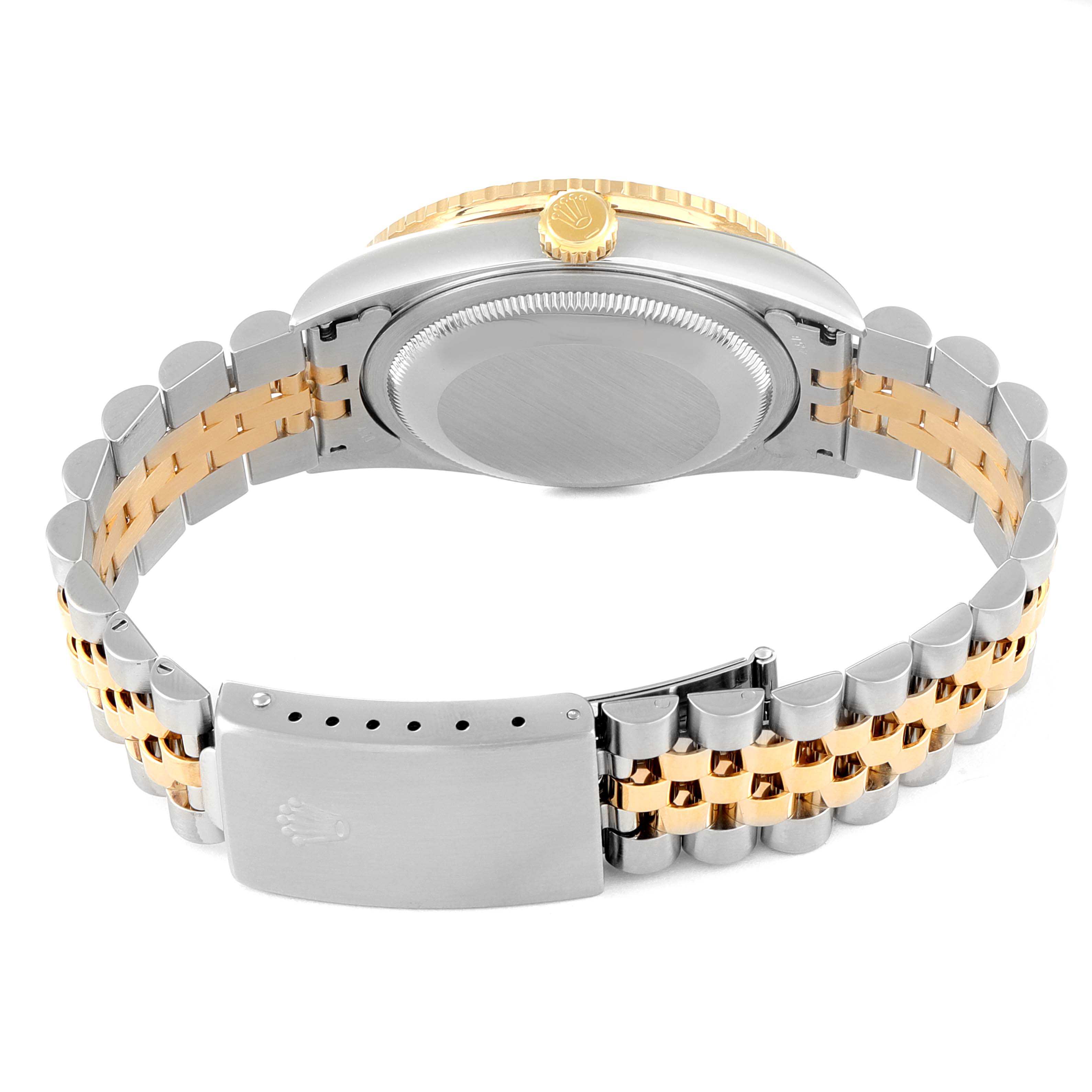 This image shows the backside and bracelet of the Rolex Turn-o-Graph 16263 Men
s Steel and Gold (two tone) White Dial 16263 Men
s Steel and Gold (two tone) White Dial watch, focusing on its clasp and crown.