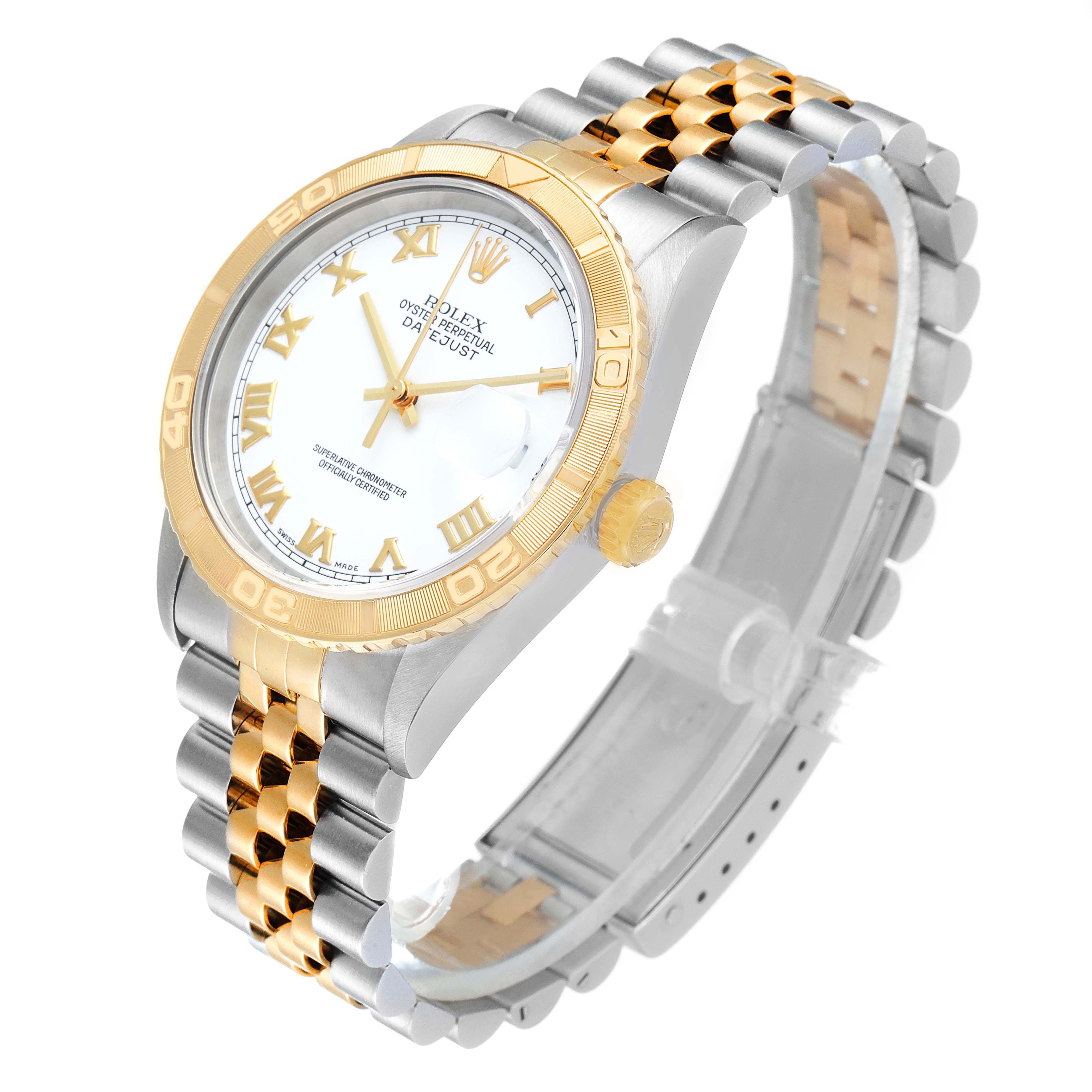 The Rolex Turn-o-Graph 16263 Men
s Steel and Gold (two tone) White Dial 16263 Men
s Steel and Gold (two tone) White Dial watch is shown at an angle focusing on its face, bezel, crown, and two-tone bracelet.