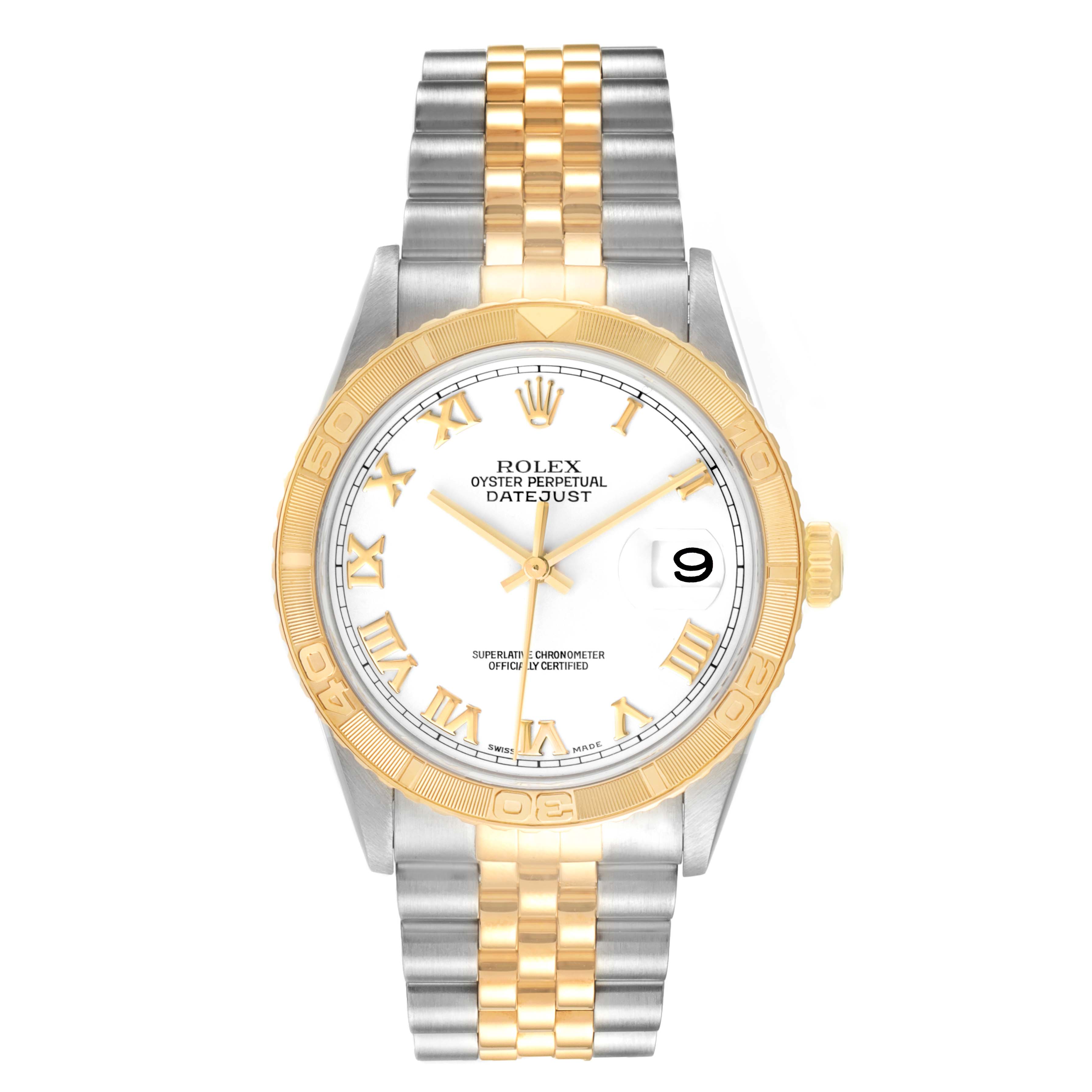 The Rolex Turn-o-Graph 16263 Men
s Steel and Gold (two tone) White Dial 16263 Men
s Steel and Gold (two tone) White Dial watch is shown from a front angle, highlighting the dial, bezel, and two-tone bracelet.
