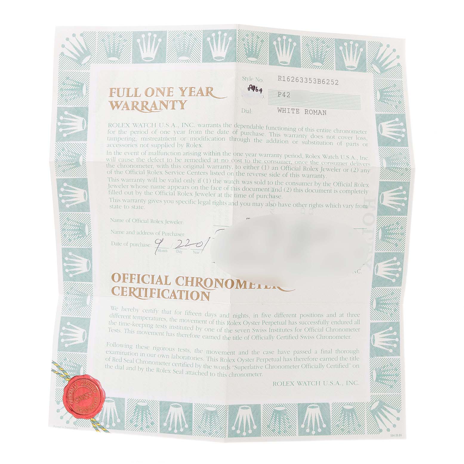 The image shows a warranty certificate for the Rolex Turn-o-Graph 16263 Men
s Steel and Gold (two tone) White Dial 16263 Men
s Steel and Gold (two tone) White Dial model with official chronometer certification.