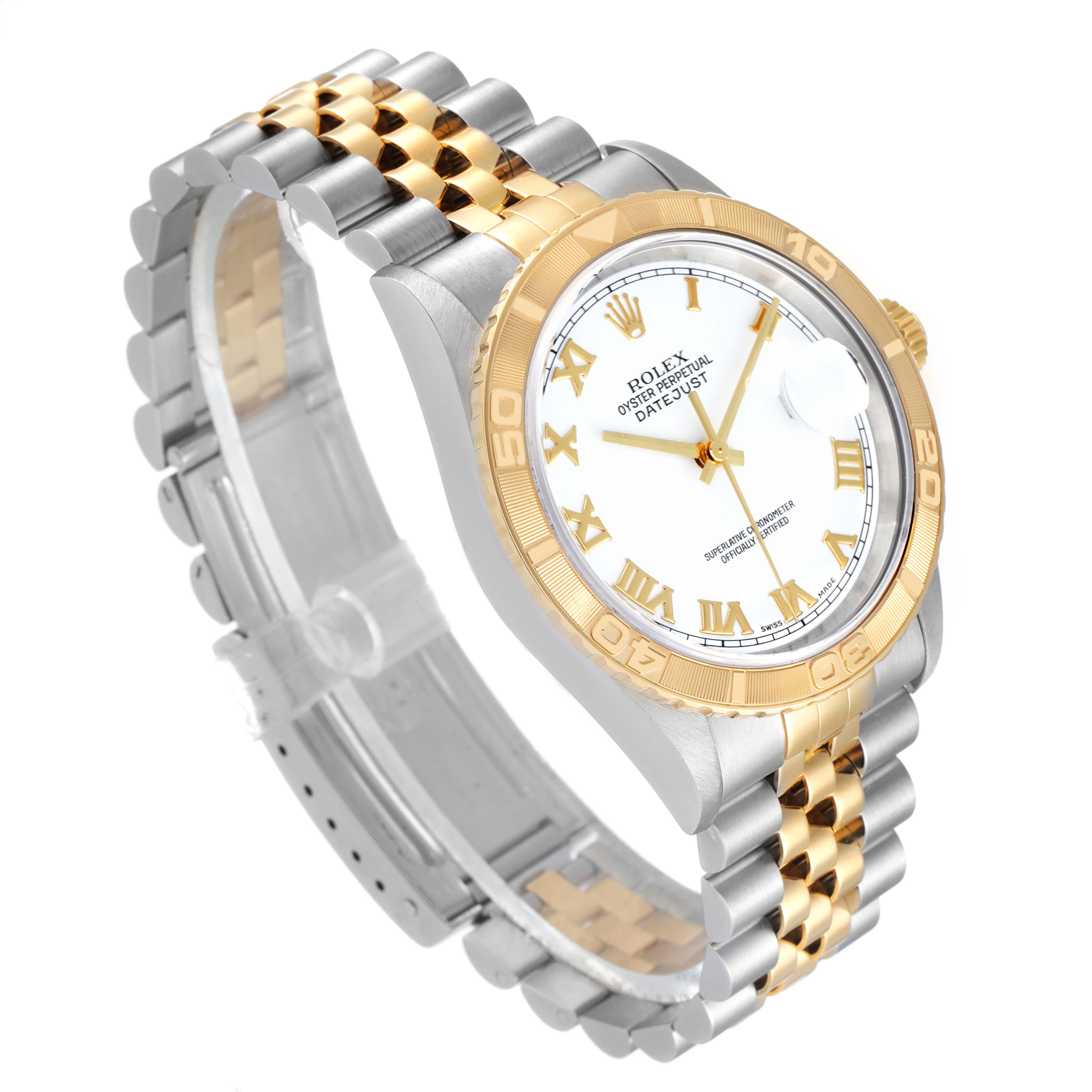 This image shows a Rolex Turn-o-Graph 16263 Men
s Steel and Gold (two tone) White Dial 16263 Men
s Steel and Gold (two tone) White Dial watch at a slight angle, highlighting the bezel, dial, and two-tone bracelet.