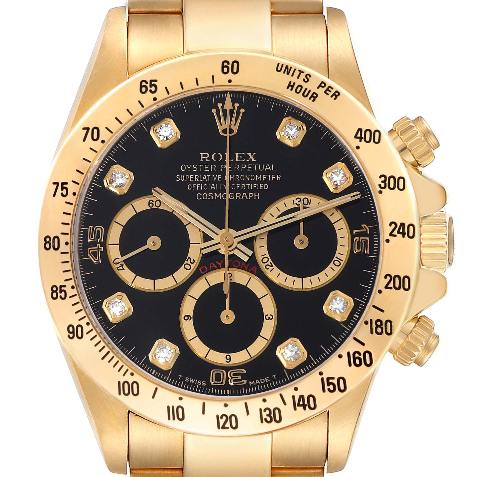 The image shows the front face of a Rolex Daytona 16528G Men's Yellow Gold Black Dial 16528G Men's Yellow Gold Black Dial watch, highlighting its dial, hour markers, sub-dials, and bezel.