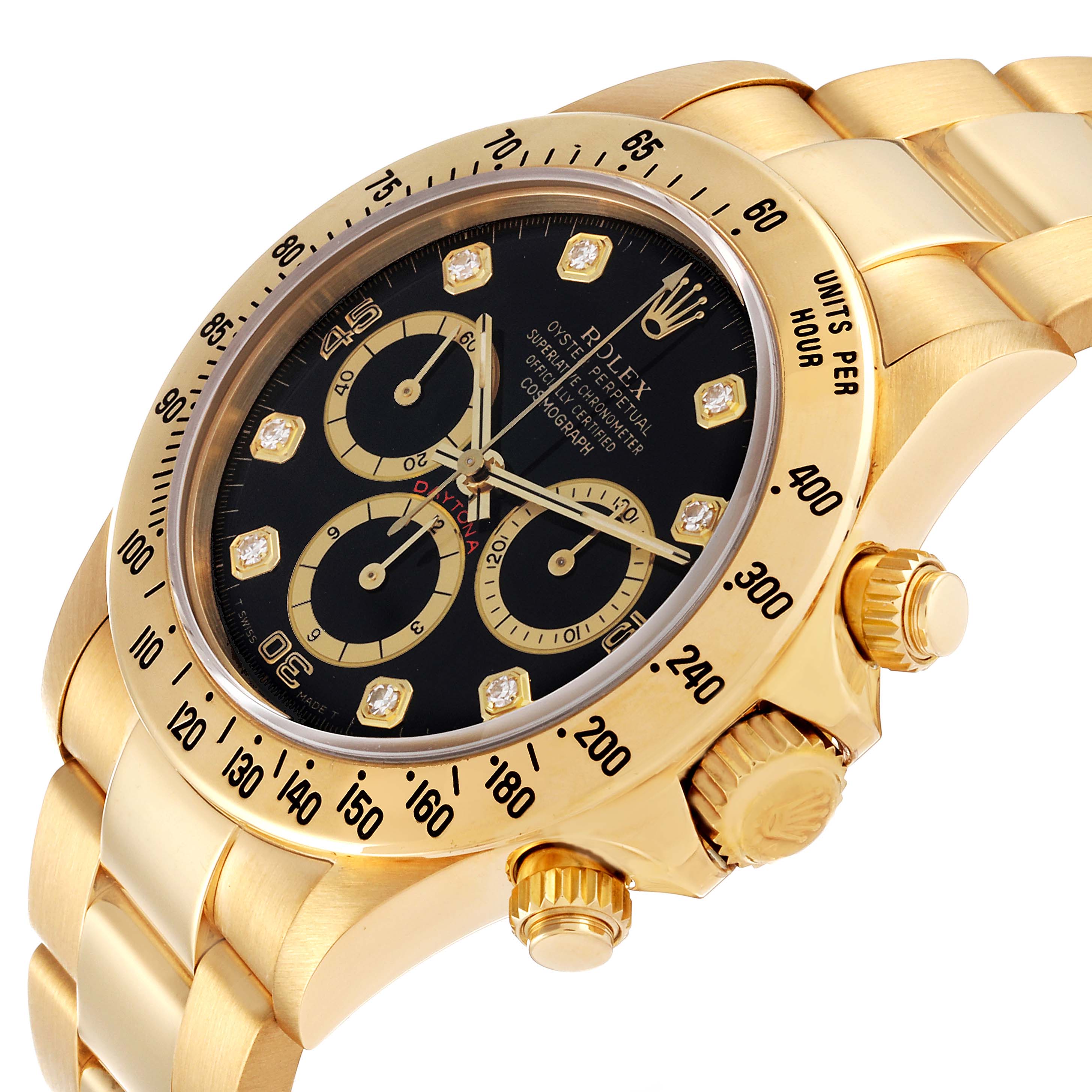 The image shows a close-up angled view of a Rolex Daytona 16528G Men's Yellow Gold Black Dial 16528G Men's Yellow Gold Black Dial watch, highlighting its gold bezel, crown, and black dial with subdials.