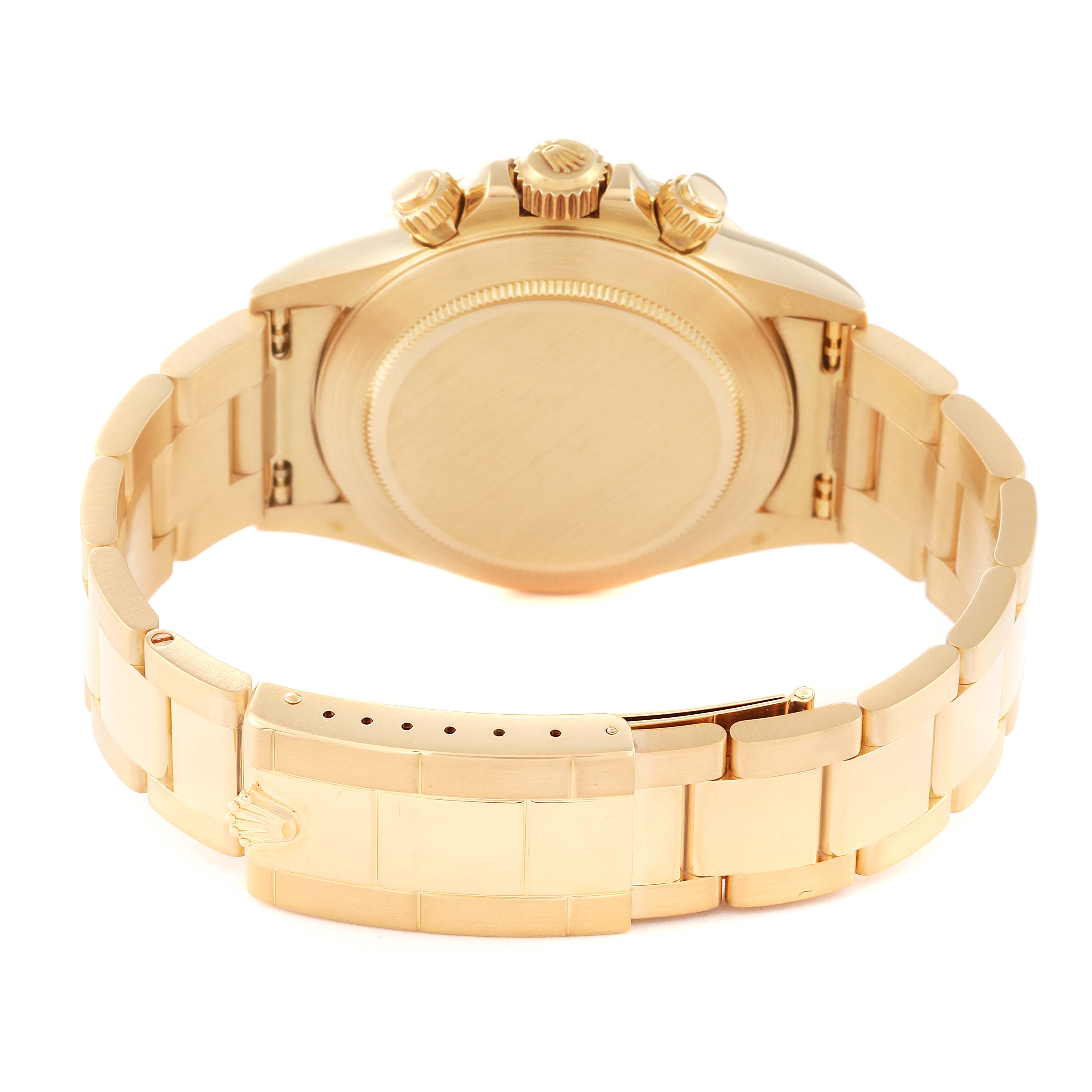 This image shows the back case and bracelet of a Rolex Daytona 16528G Men's Yellow Gold Black Dial 16528G Men's Yellow Gold Black Dial watch from a rear angle.