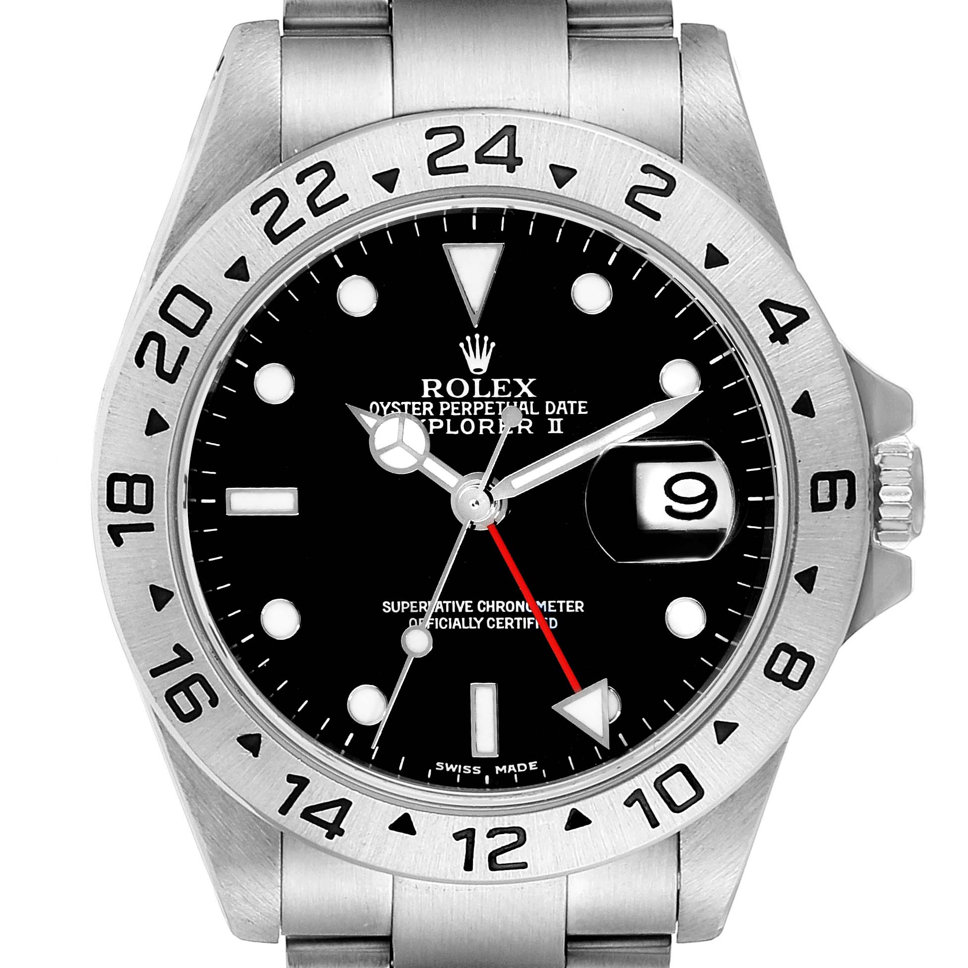 The image shows a front view of a Rolex Explorer 16570 Men's Stainless Steel Black Dial 16570 Men's Stainless Steel Black Dial watch, displaying the dial, bezel, crown, and part of the bracelet.