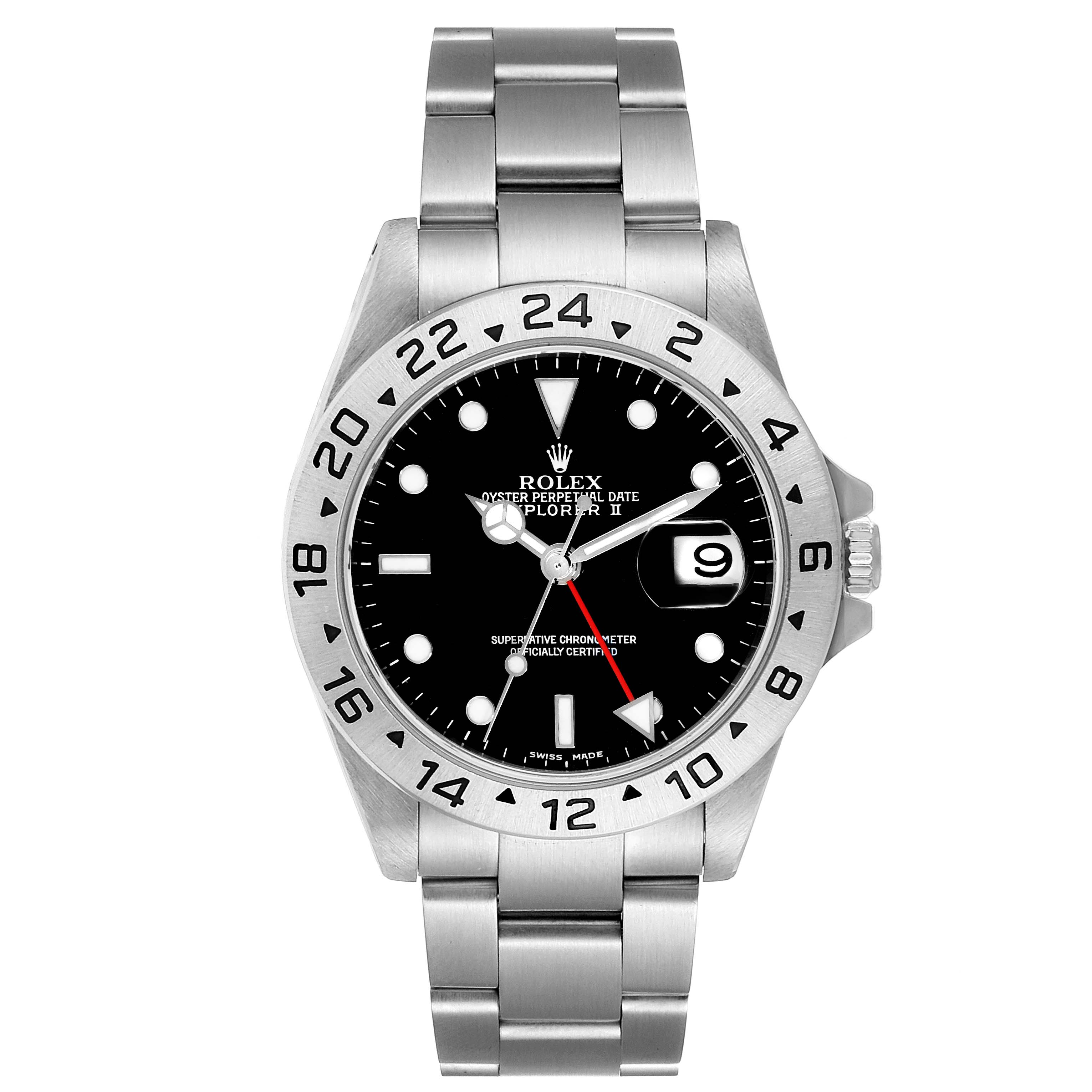 This image shows the front view of a Rolex Explorer 16570 Men's Stainless Steel Black Dial 16570 Men's Stainless Steel Black Dial watch, highlighting its face, bezel, hands, and bracelet.