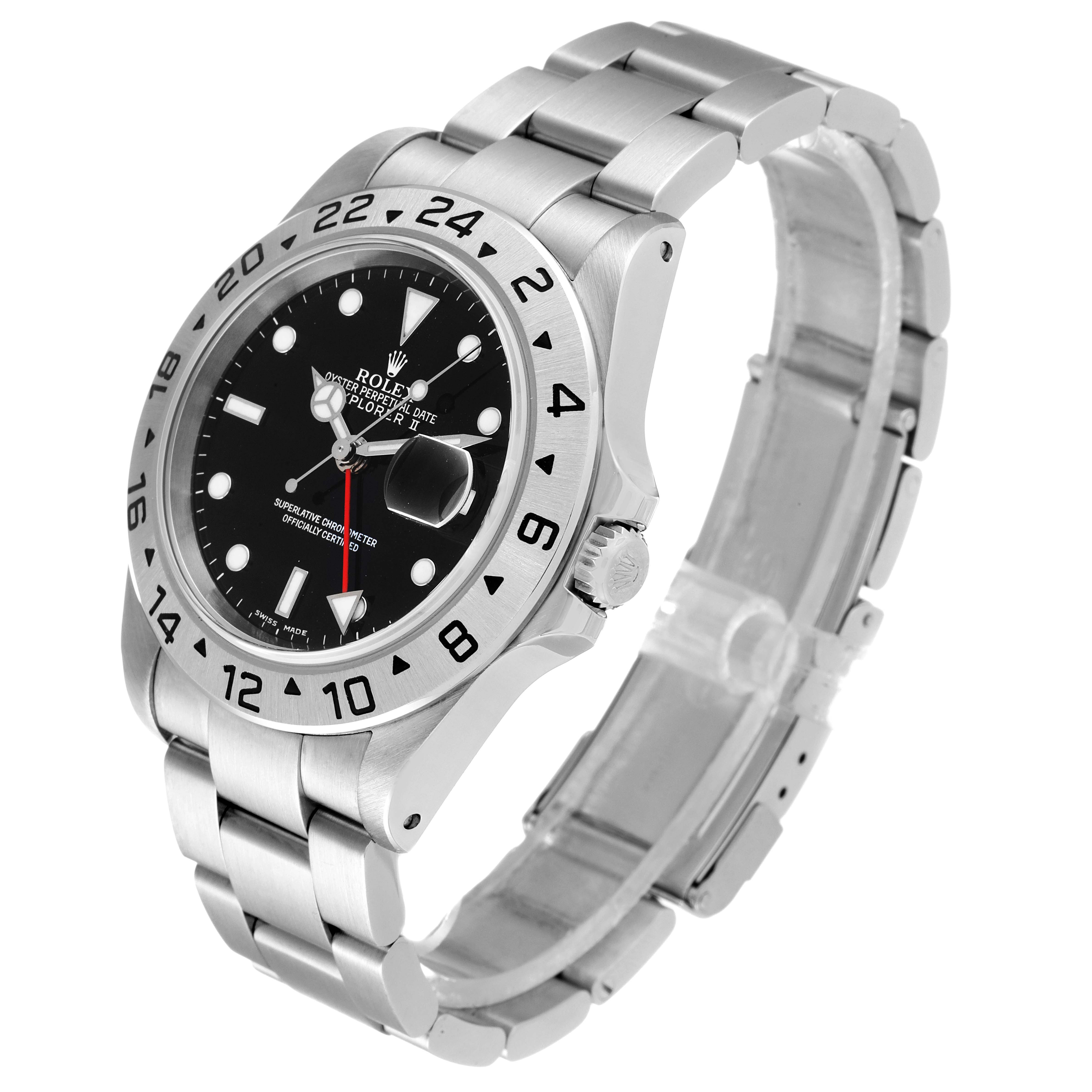 The Rolex Explorer 16570 Men's Stainless Steel Black Dial 16570 Men's Stainless Steel Black Dial watch is shown at an angle displaying its bezel, dial, crown, and bracelet.