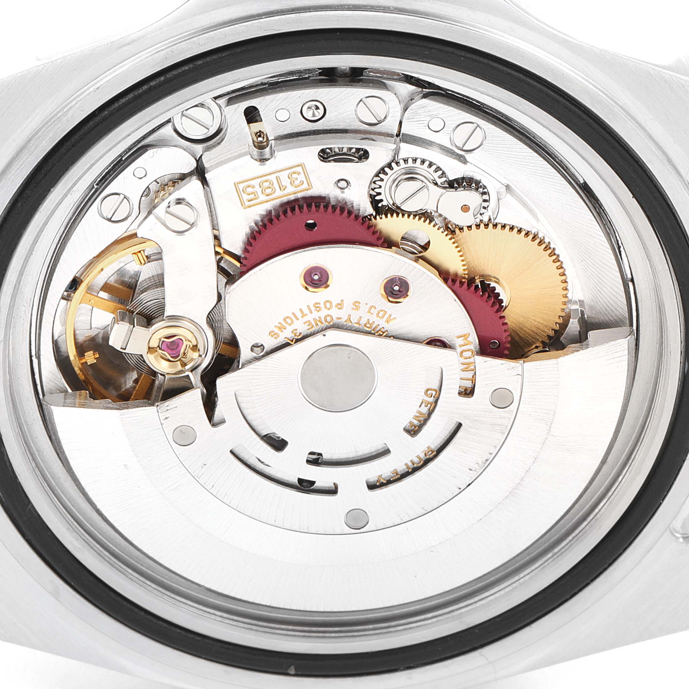 This image shows the intricate internal mechanics and movement of the Rolex Explorer 16570 Men's Stainless Steel Black Dial 16570 Men's Stainless Steel Black Dial watch viewed from the back.