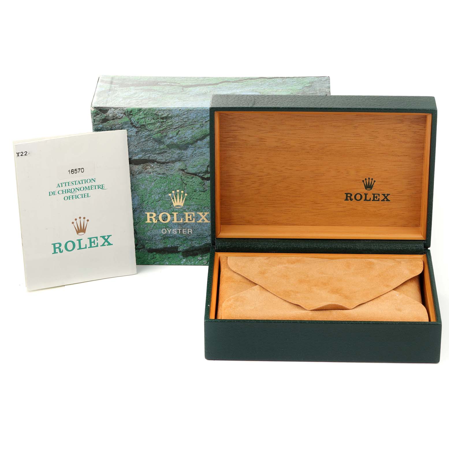 This image shows the packaging and documentation for the Rolex Explorer 16570 Men's Stainless Steel Black Dial 16570 Men's Stainless Steel Black Dial, including its box and certificate.