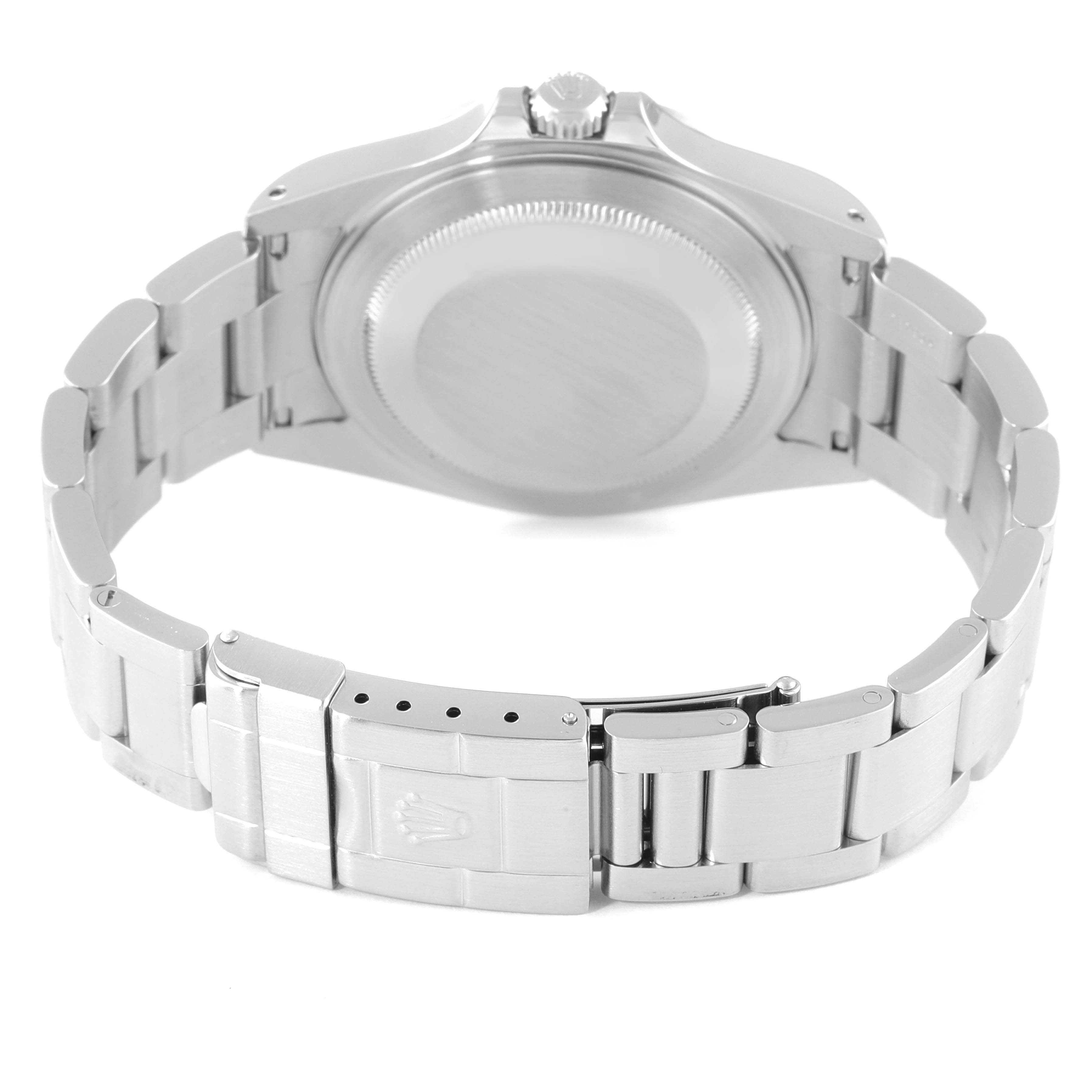 This image shows the back side of the Rolex Explorer 16570 Men's Stainless Steel Black Dial 16570 Men's Stainless Steel Black Dial watch, including the case back and metal bracelet with the clasp.