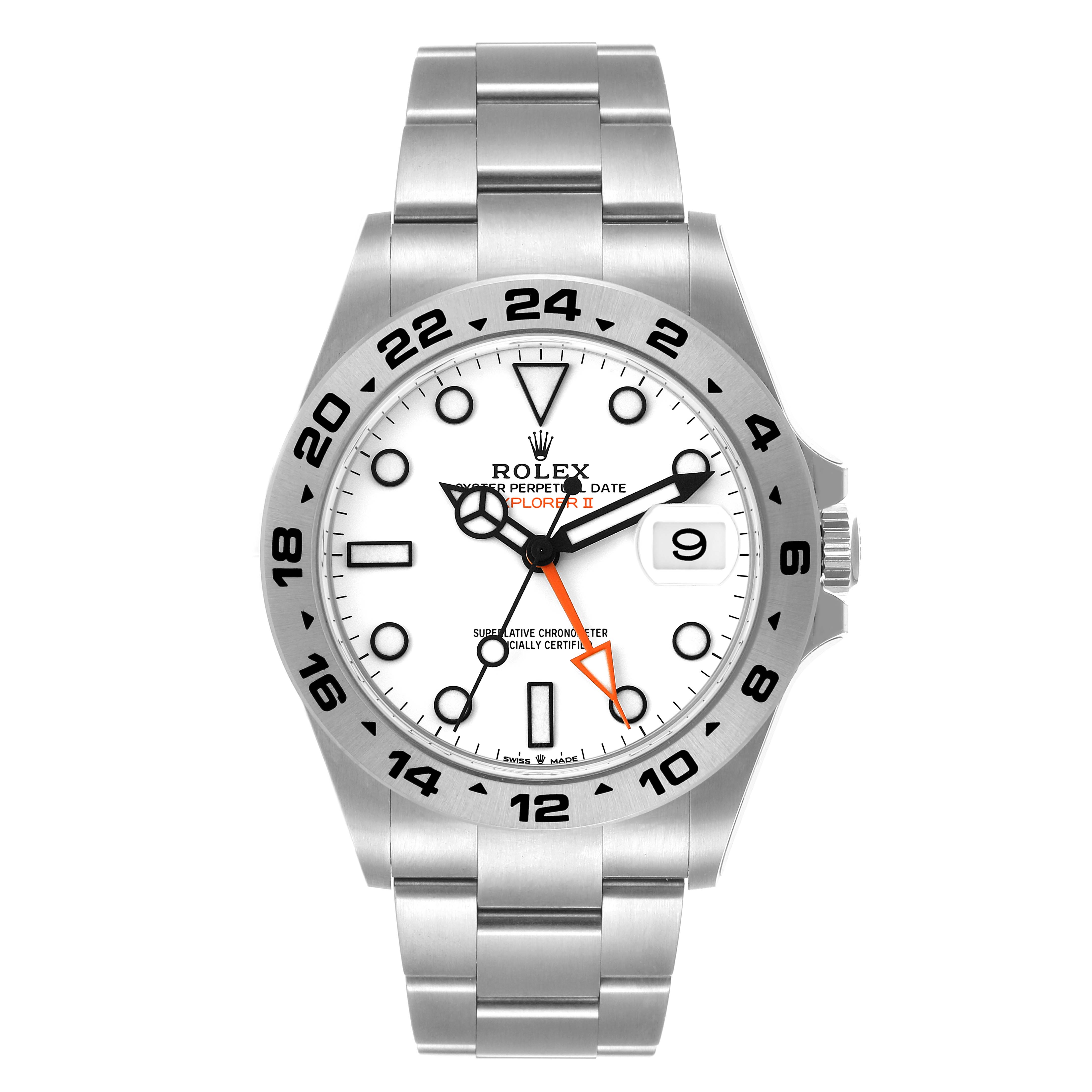 The image shows a front view of the Rolex Explorer 226570 Men
s Stainless Steel White Dial 226570 Men
s Stainless Steel White Dial watch, highlighting its dial, bezel, hands, and bracelet.