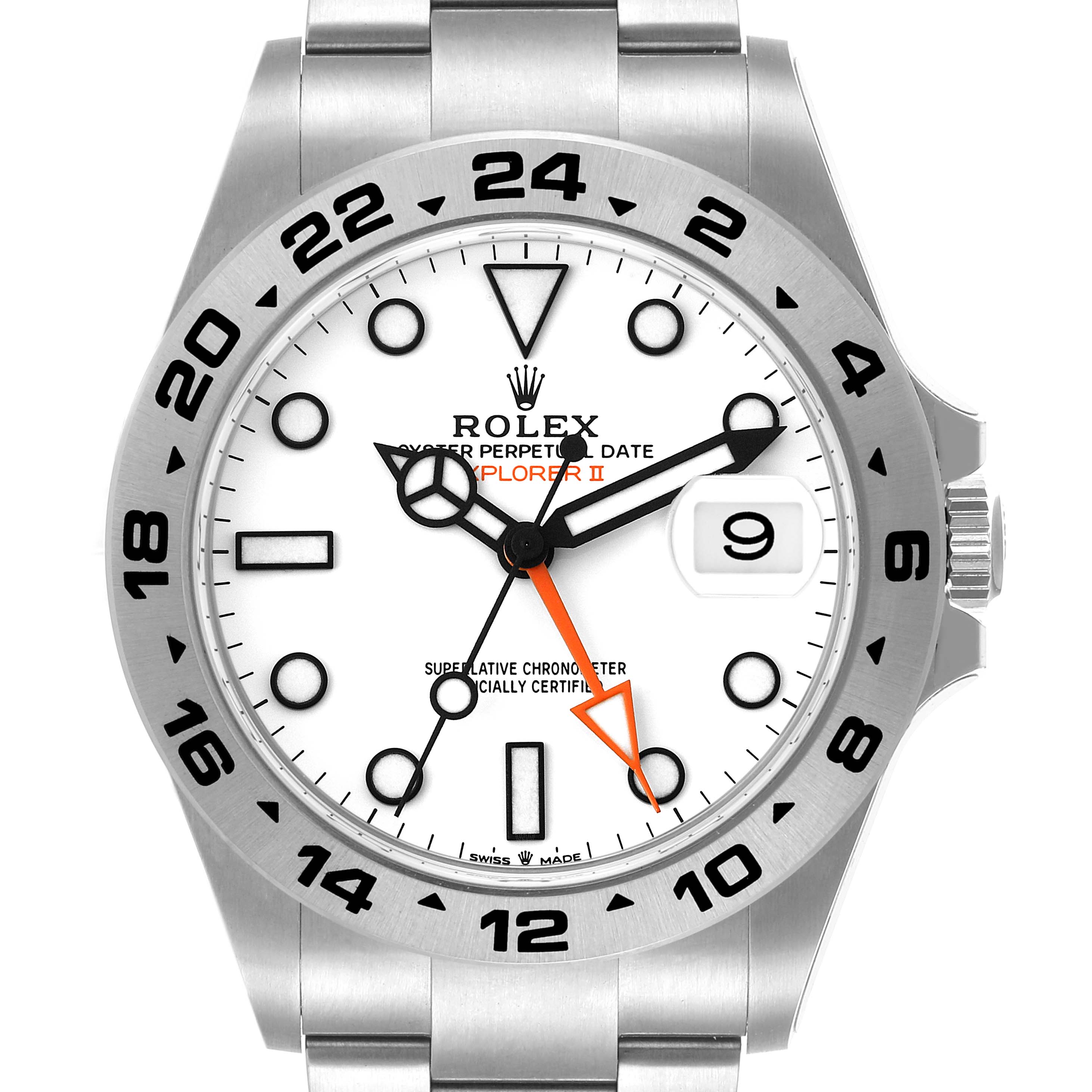 The image shows a face-front angle of the Rolex Explorer 226570 Men
s Stainless Steel White Dial 226570 Men
s Stainless Steel White Dial watch, displaying its dial, hands, and bezel.