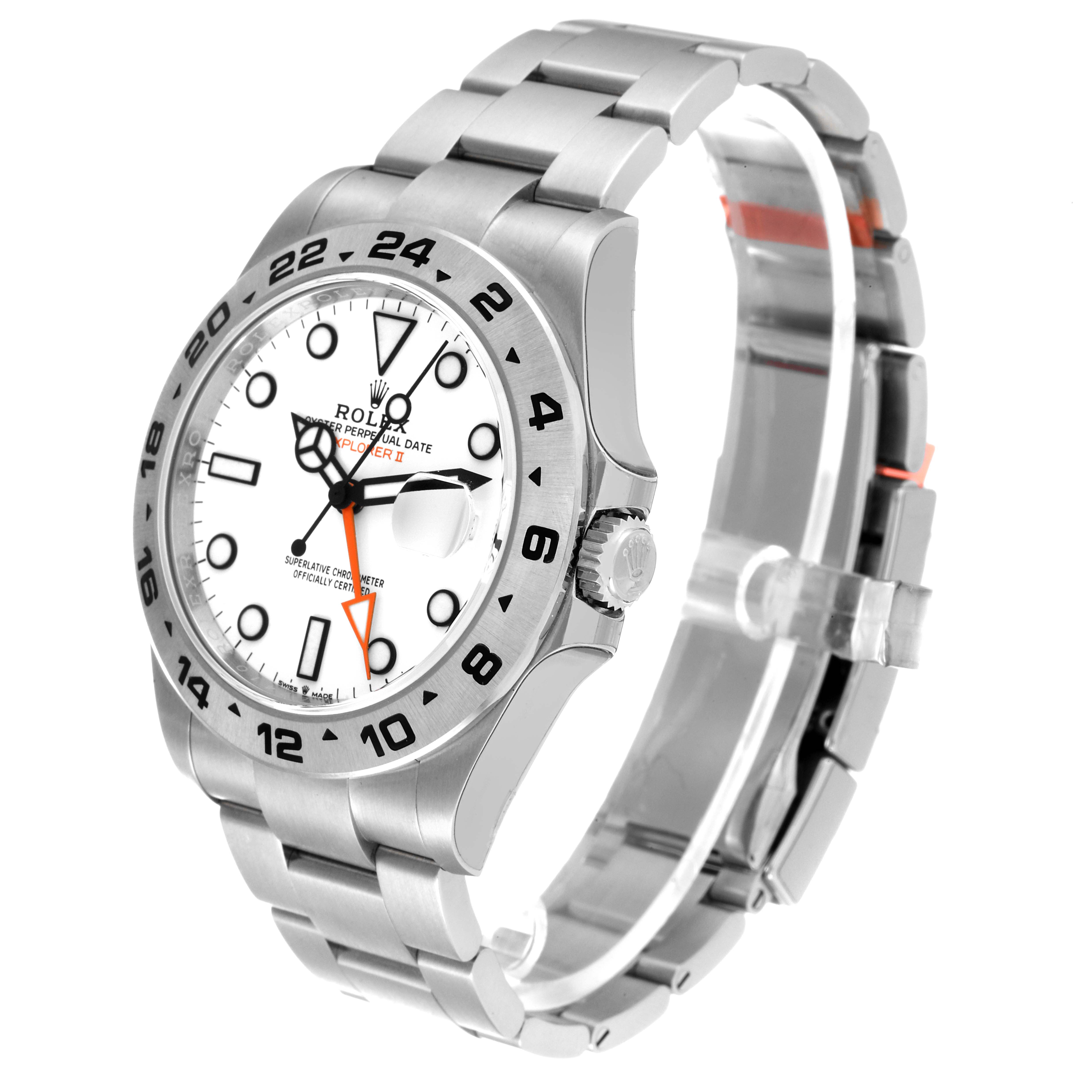 The Rolex Explorer 226570 Men
s Stainless Steel White Dial 226570 Men
s Stainless Steel White Dial watch is shown at an angled side view, displaying its dial, crown, bezel, and stainless-steel bracelet.