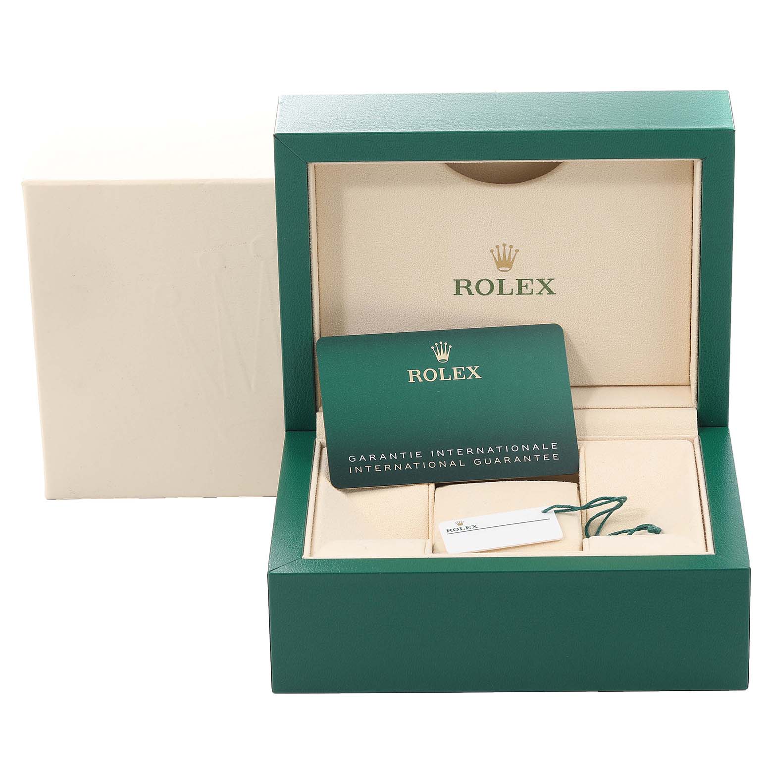 The image shows the packaging of a Rolex Explorer 226570 Men
s Stainless Steel White Dial 226570 Men
s Stainless Steel White Dial, including its green box, warranty card, and a tag.