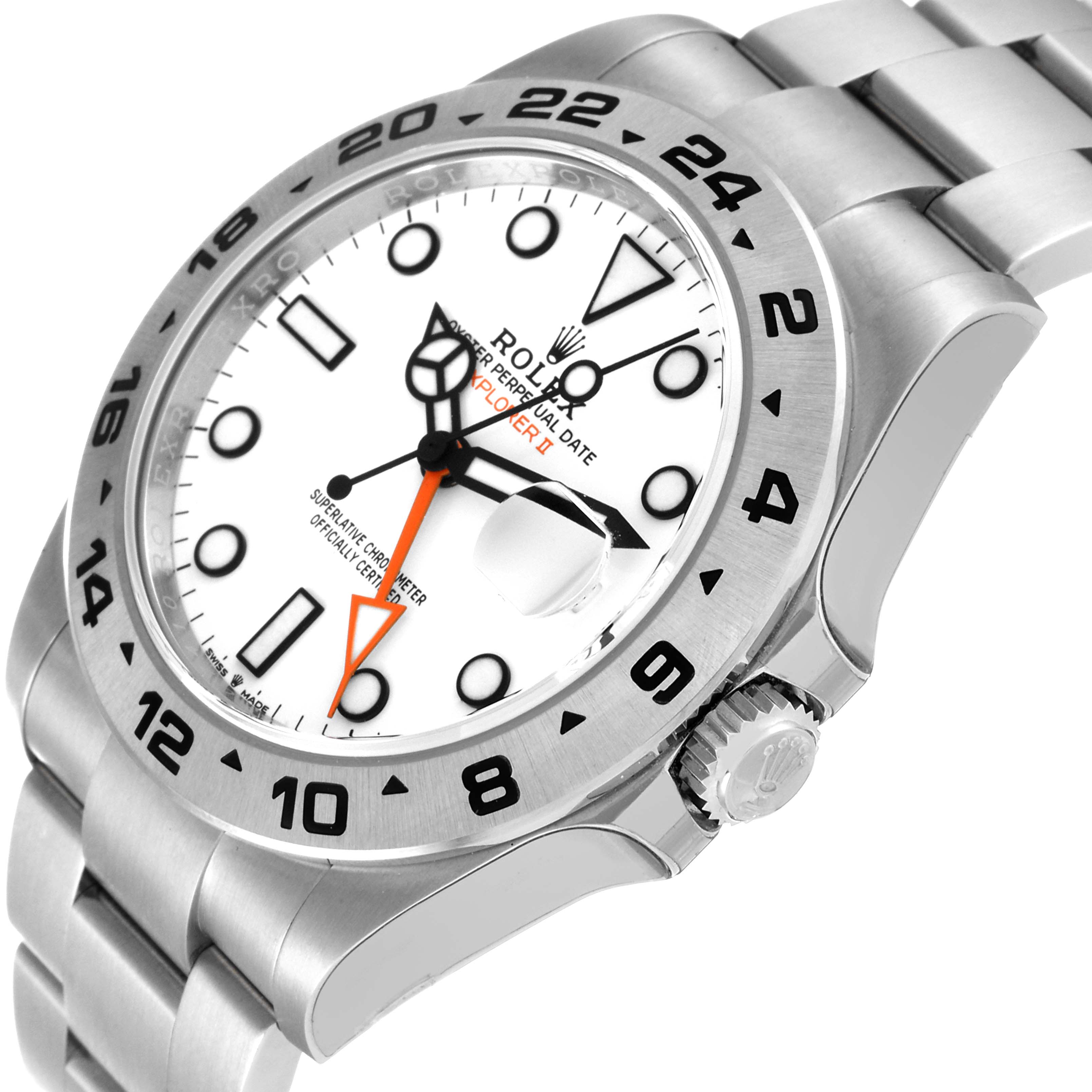 This Rolex Explorer 226570 Men
s Stainless Steel White Dial 226570 Men
s Stainless Steel White Dial model watch is shown from an angle displaying the face, bezel, crown, and part of the bracelet.