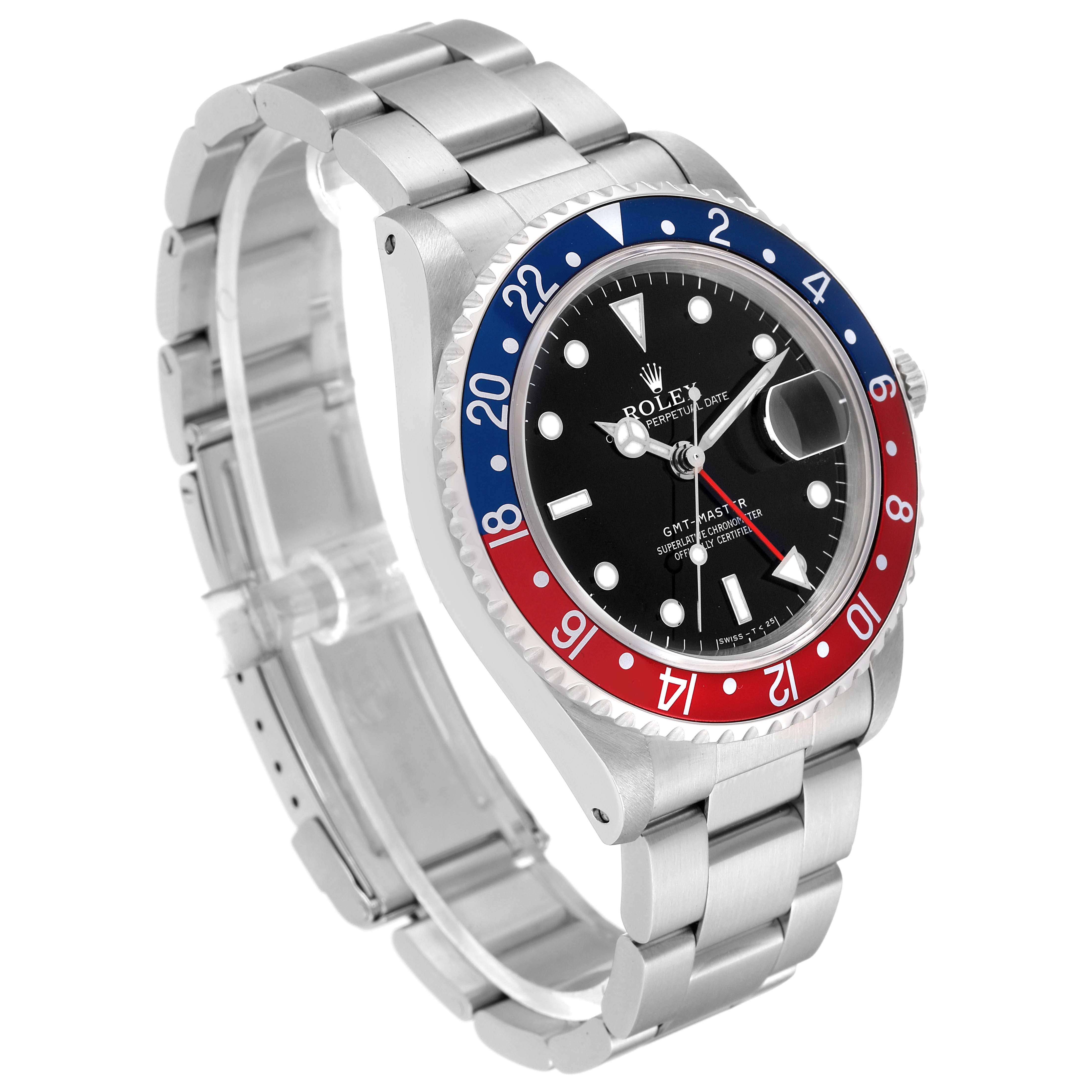 The Rolex GMT-Master 16700 Men
s Stainless Steel Black Dial 16700 Men
s Stainless Steel Black Dial watch is shown at a three-quarter angle, highlighting the bracelet, bezel, dial, and crown.