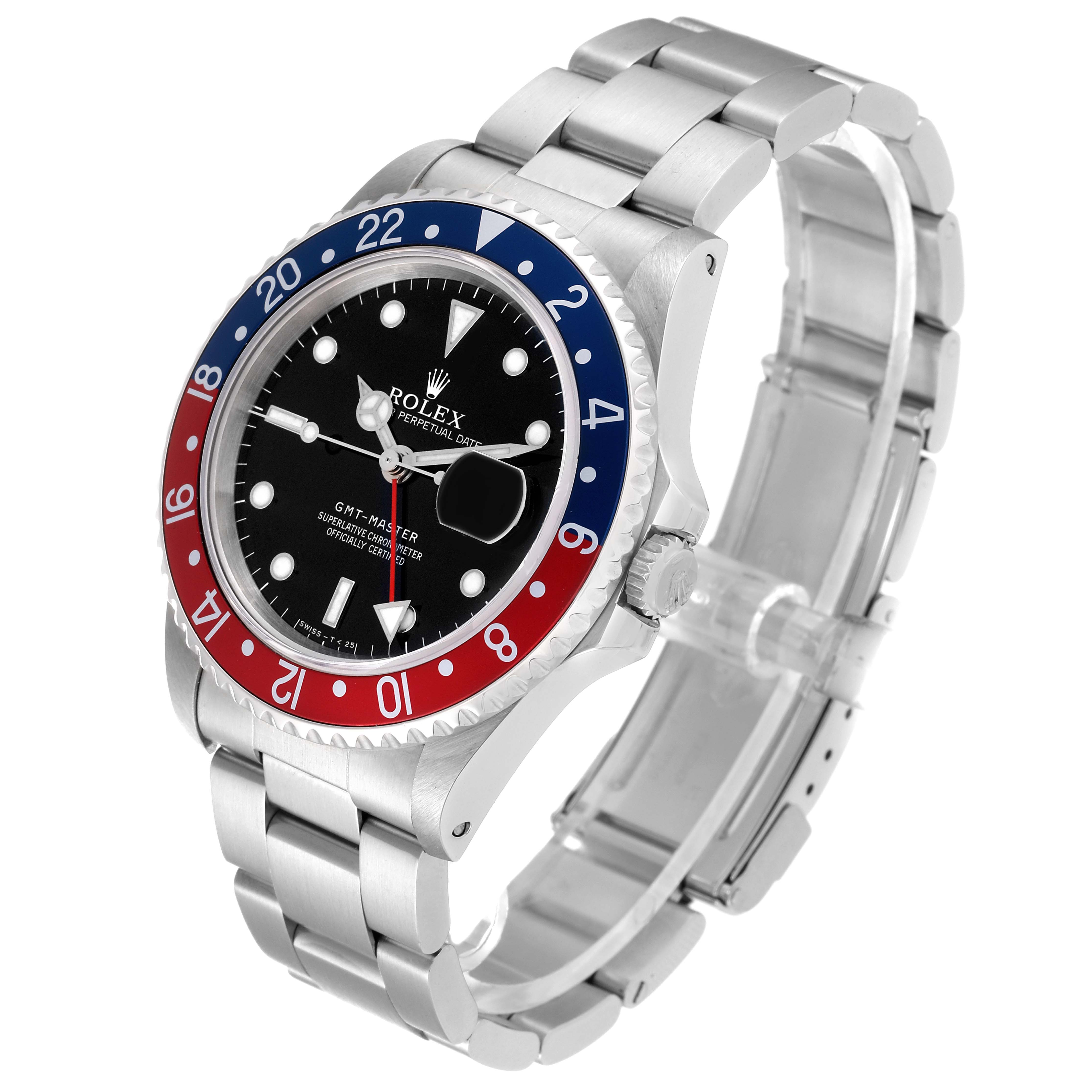 The Rolex GMT-Master 16700 Men
s Stainless Steel Black Dial 16700 Men
s Stainless Steel Black Dial watch is shown at a three-quarter angle, highlighting its bezel, dial, hands, and bracelet.