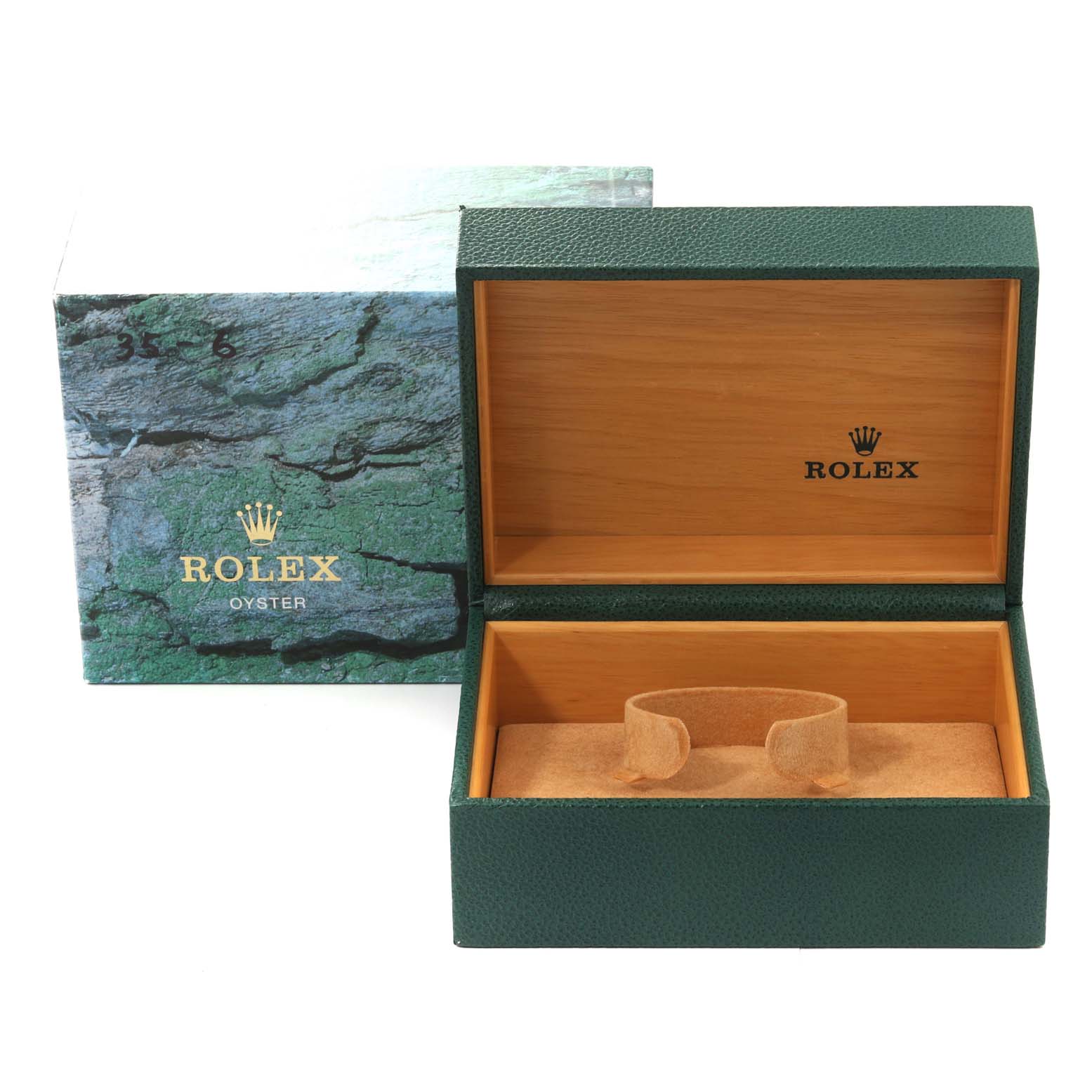 This image shows the packaging consisting of an open Rolex box and an outer box for the GMT-Master model.