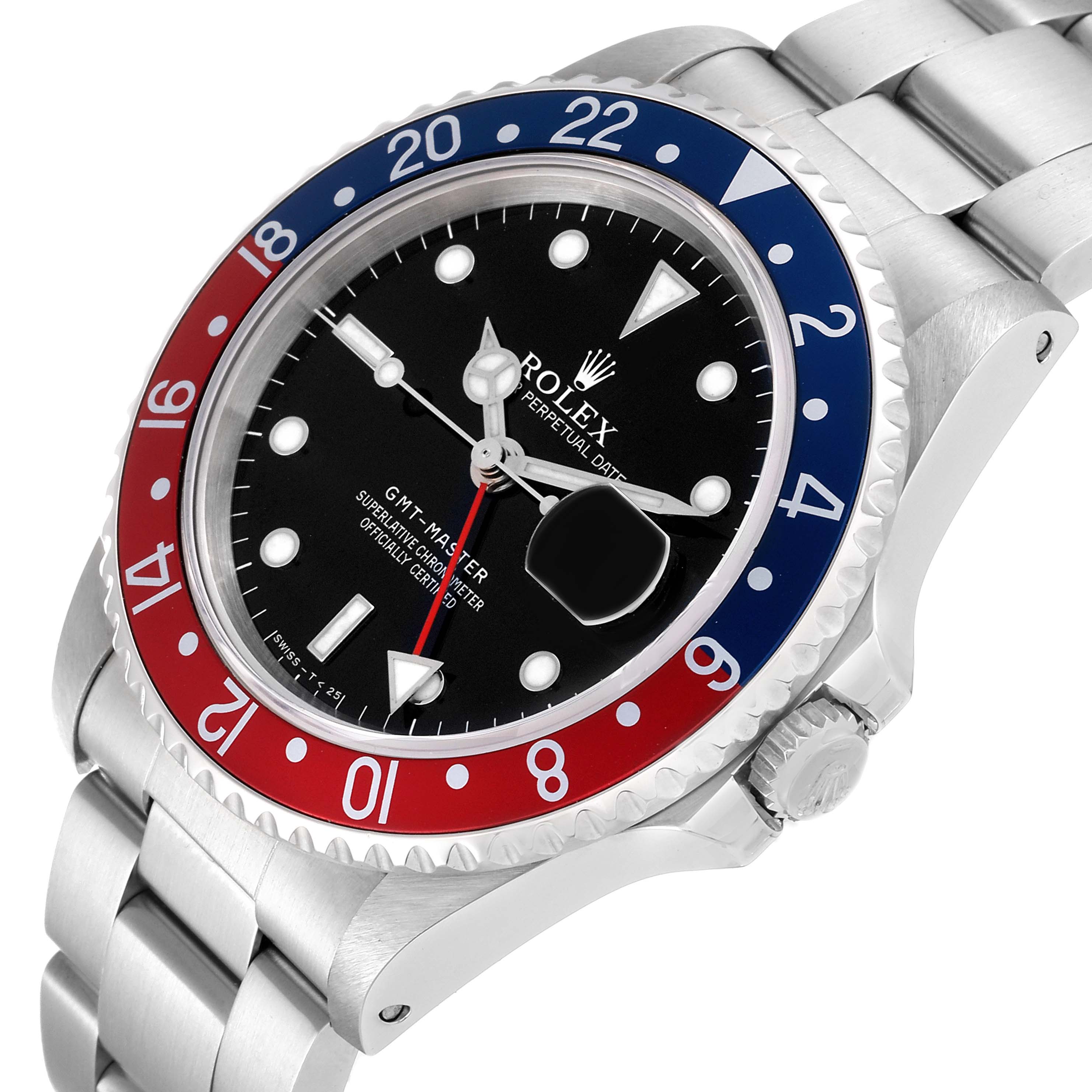 The image shows a front-angled view of the Rolex GMT-Master 16700 Men
s Stainless Steel Black Dial 16700 Men
s Stainless Steel Black Dial watch, highlighting its dial, bezel, and stainless steel bracelet.