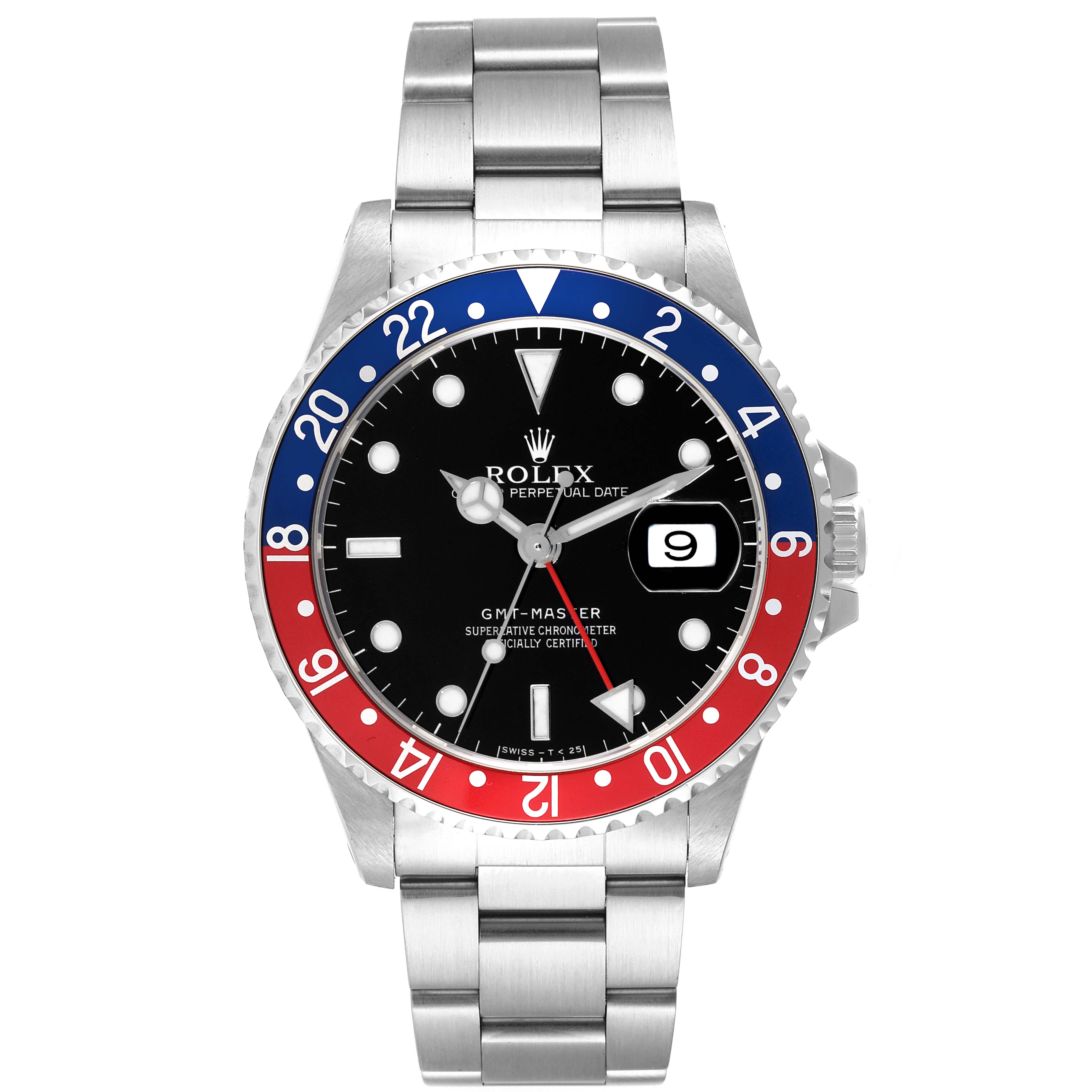The image shows a frontal view of a Rolex GMT-Master 16700 Men
s Stainless Steel Black Dial 16700 Men
s Stainless Steel Black Dial watch, displaying its bezel, dial, and bracelet.