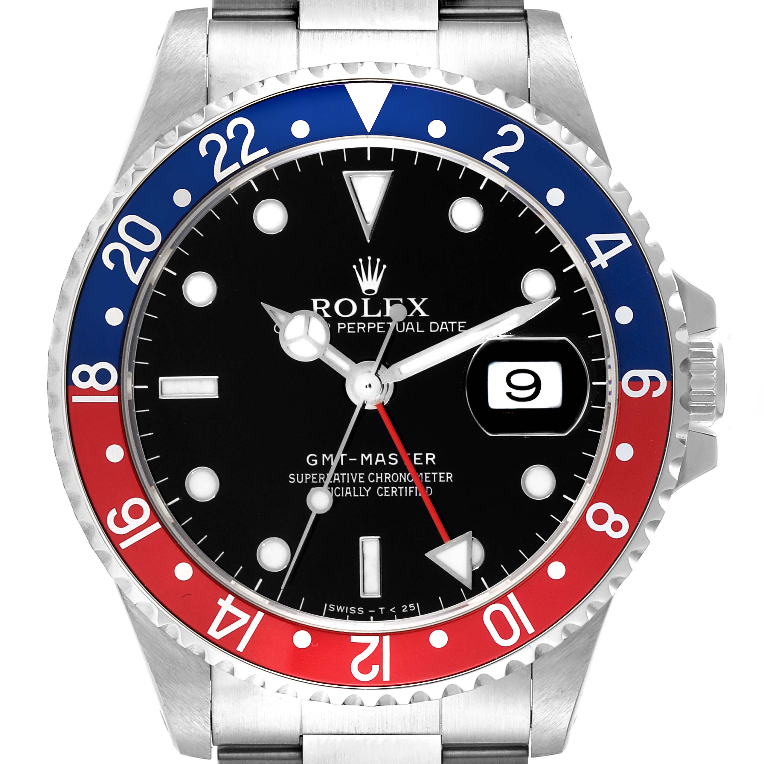 The image shows a front view of a Rolex GMT-Master 16700 Men
s Stainless Steel Black Dial 16700 Men
s Stainless Steel Black Dial with a black dial, red and blue bezel, and date display.