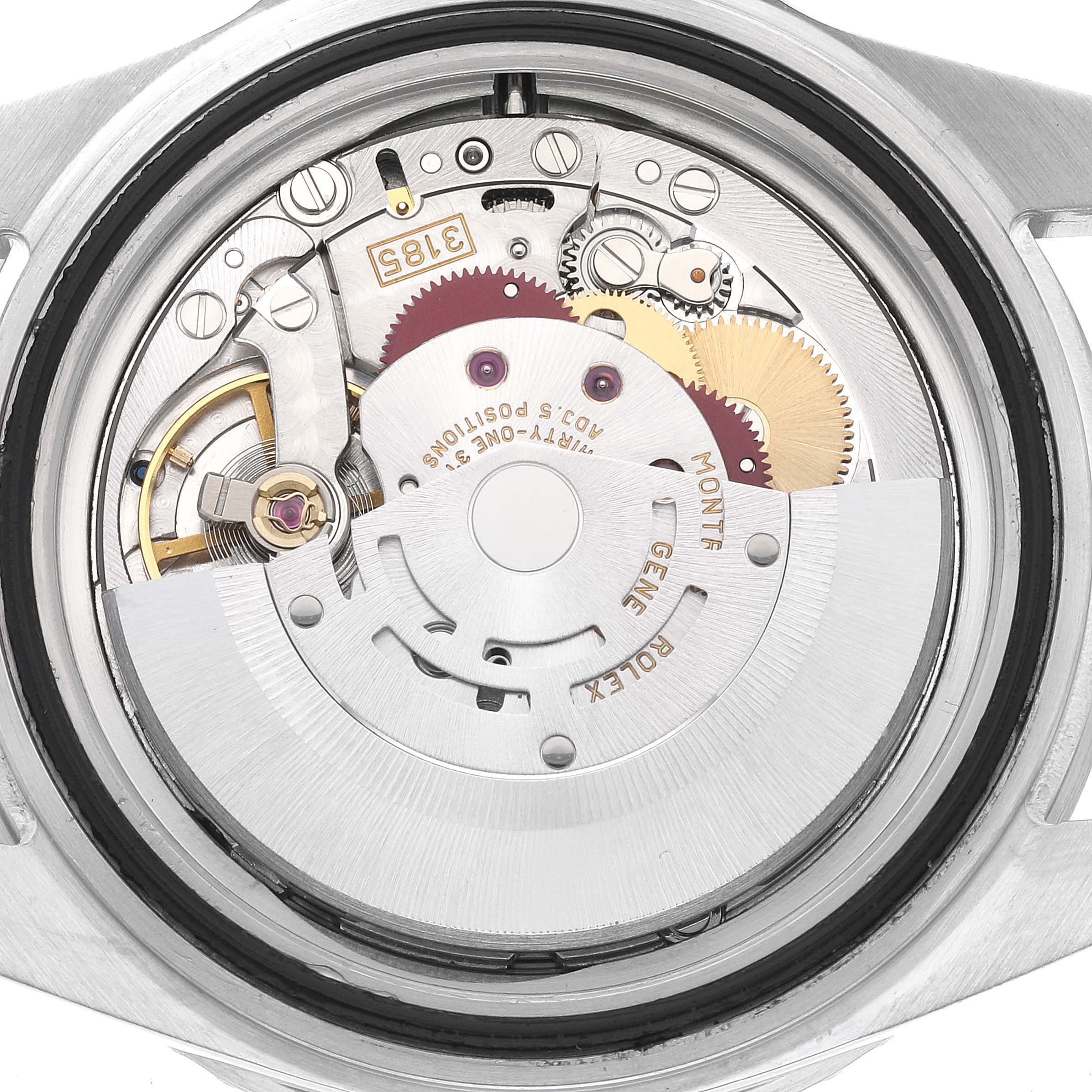 This image shows the open case back of a Rolex GMT-Master 16710 Men's Stainless Steel Black Dial 16710 Men's Stainless Steel Black Dial model, displaying its internal movement mechanism.