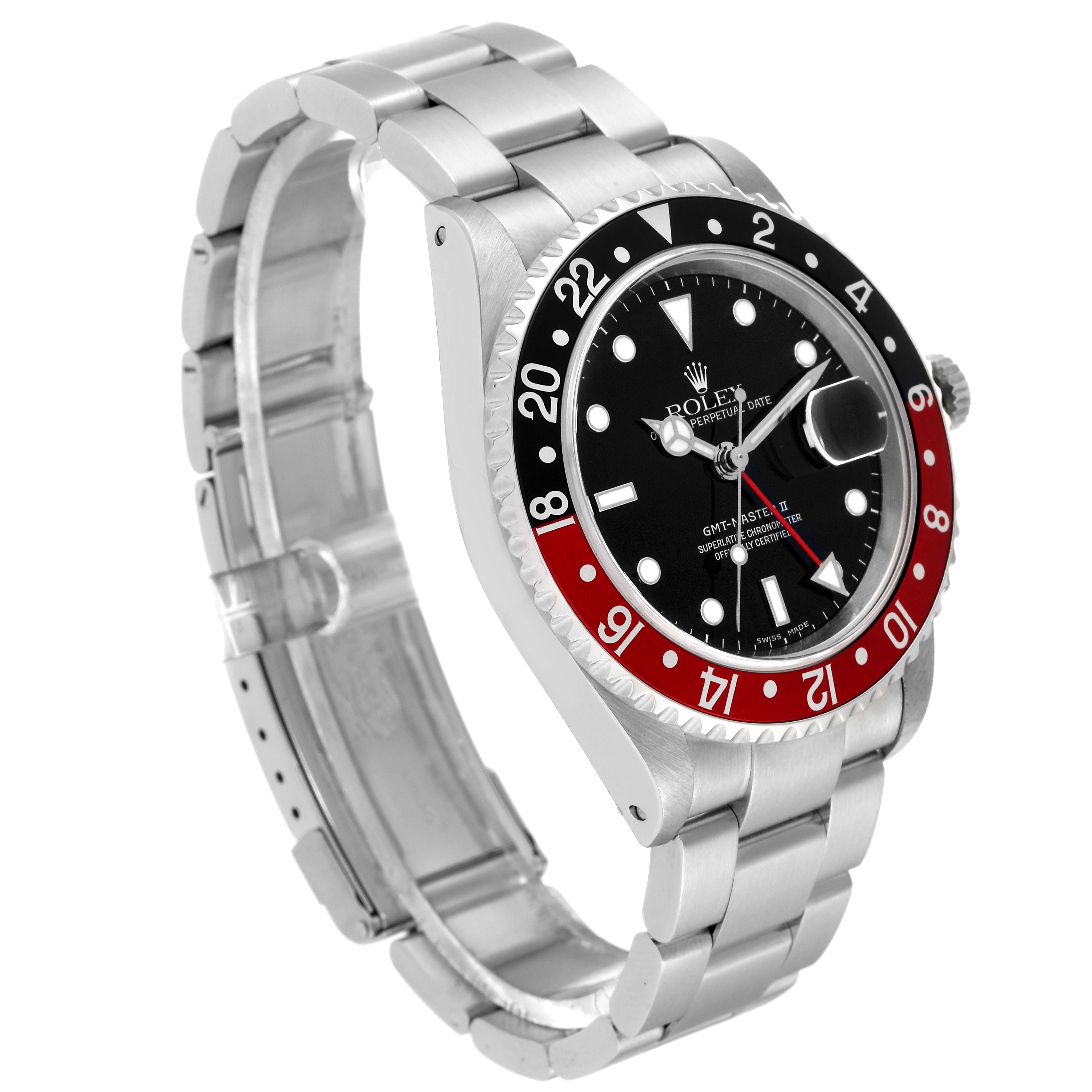The image shows a side-angle view of the Rolex GMT-Master 16710 Men's Stainless Steel Black Dial 16710 Men's Stainless Steel Black Dial watch, highlighting the bezel, watch face, crown, and bracelet.
