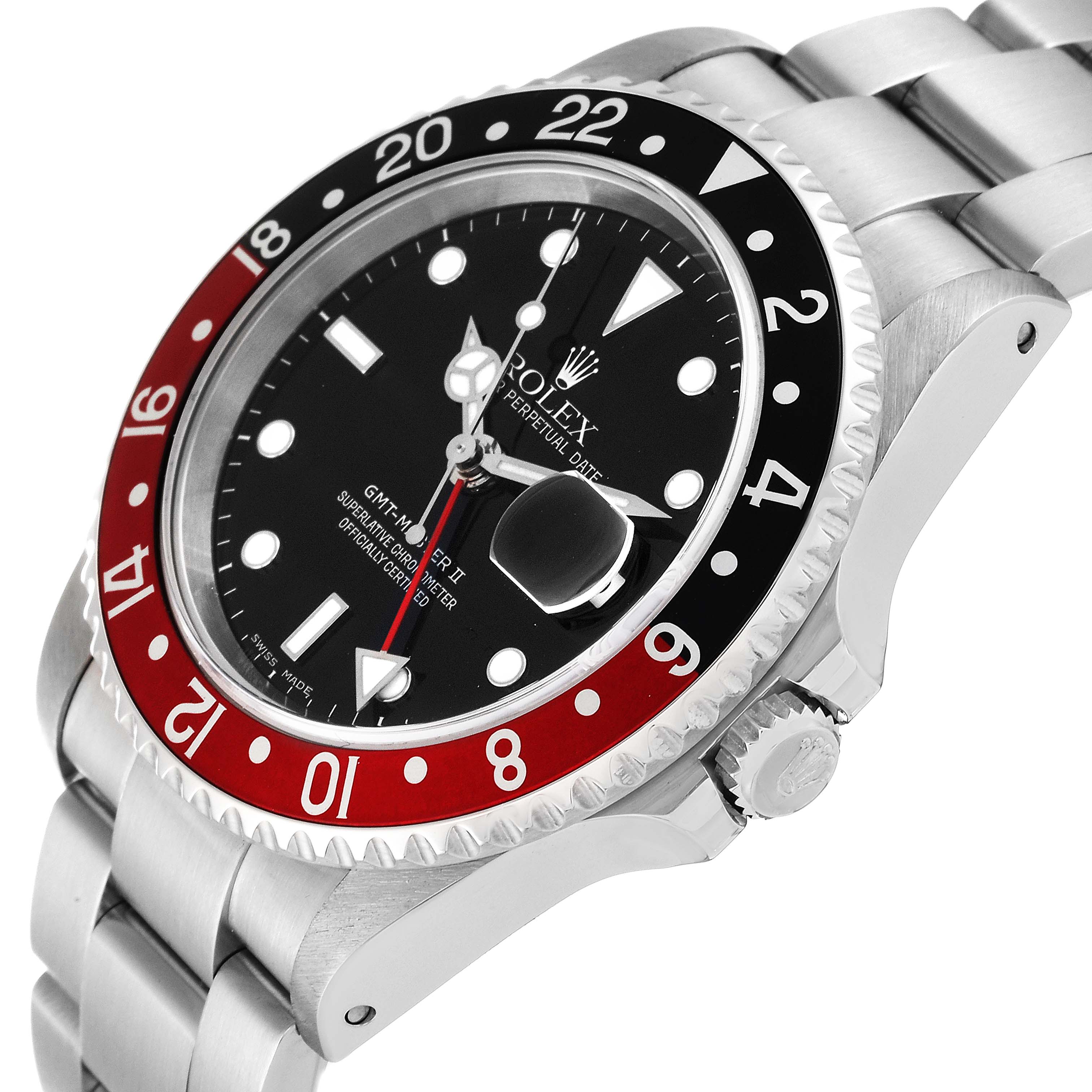 The Rolex GMT-Master 16710 Men's Stainless Steel Black Dial 16710 Men's Stainless Steel Black Dial watch is shown at a slight side angle, displaying the bezel, dial, and part of the bracelet.