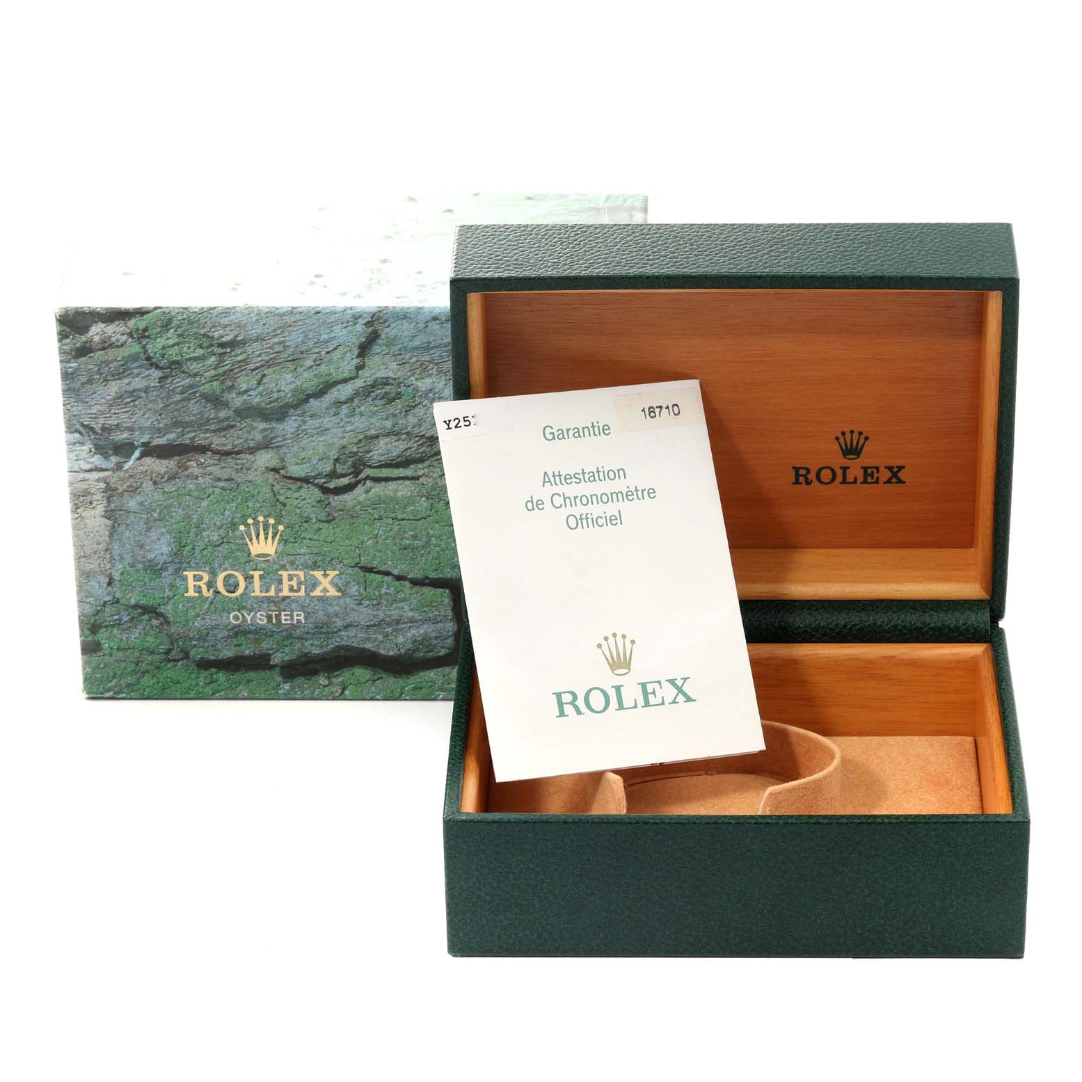 The image shows a Rolex GMT-Master 16710 Men's Stainless Steel Black Dial 16710 Men's Stainless Steel Black Dial watch box, warranty card, and outer packaging from a front angle.