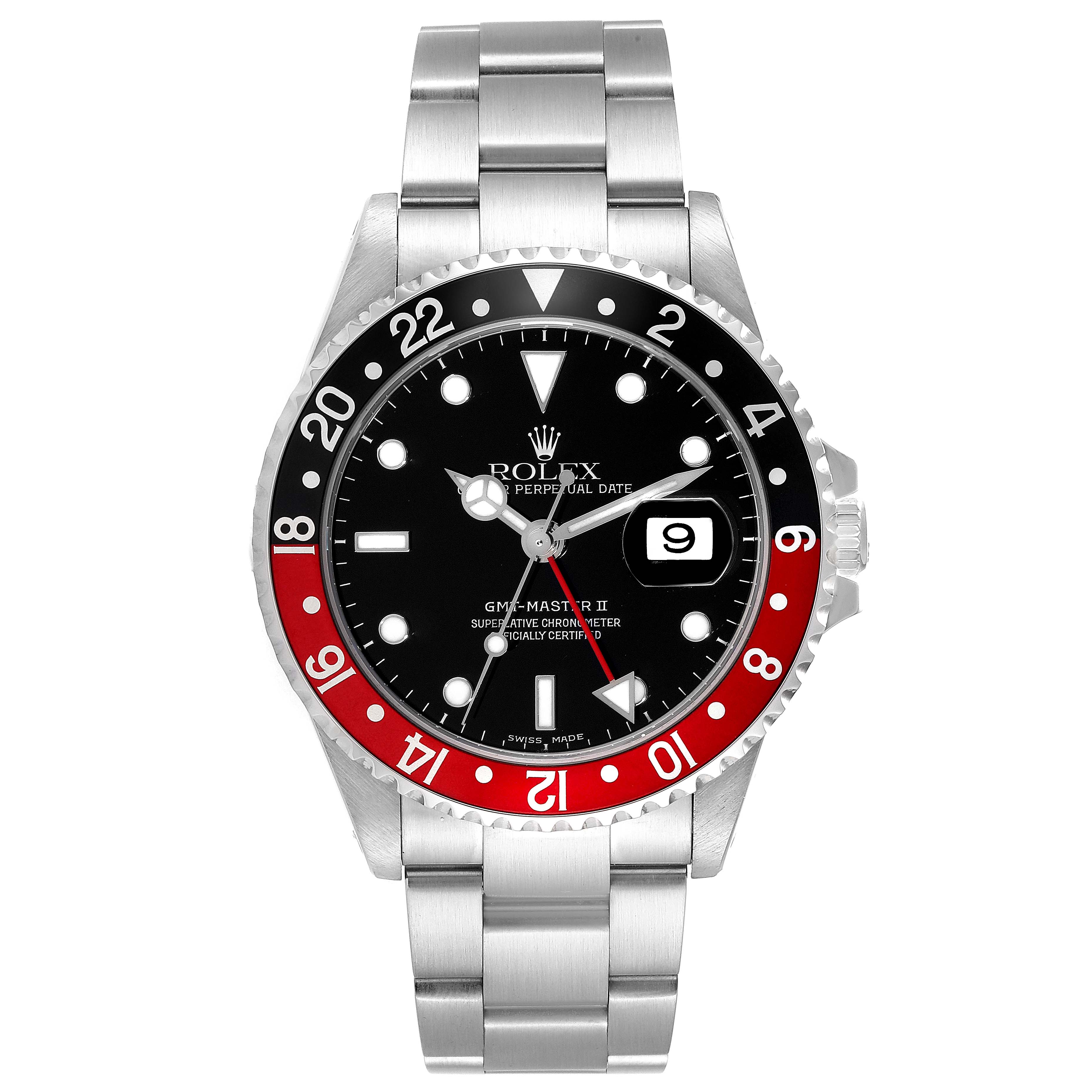 The image shows a frontal view of a Rolex GMT-Master 16710 Men's Stainless Steel Black Dial 16710 Men's Stainless Steel Black Dial II watch, displaying the face, bezel, case, and part of the bracelet.