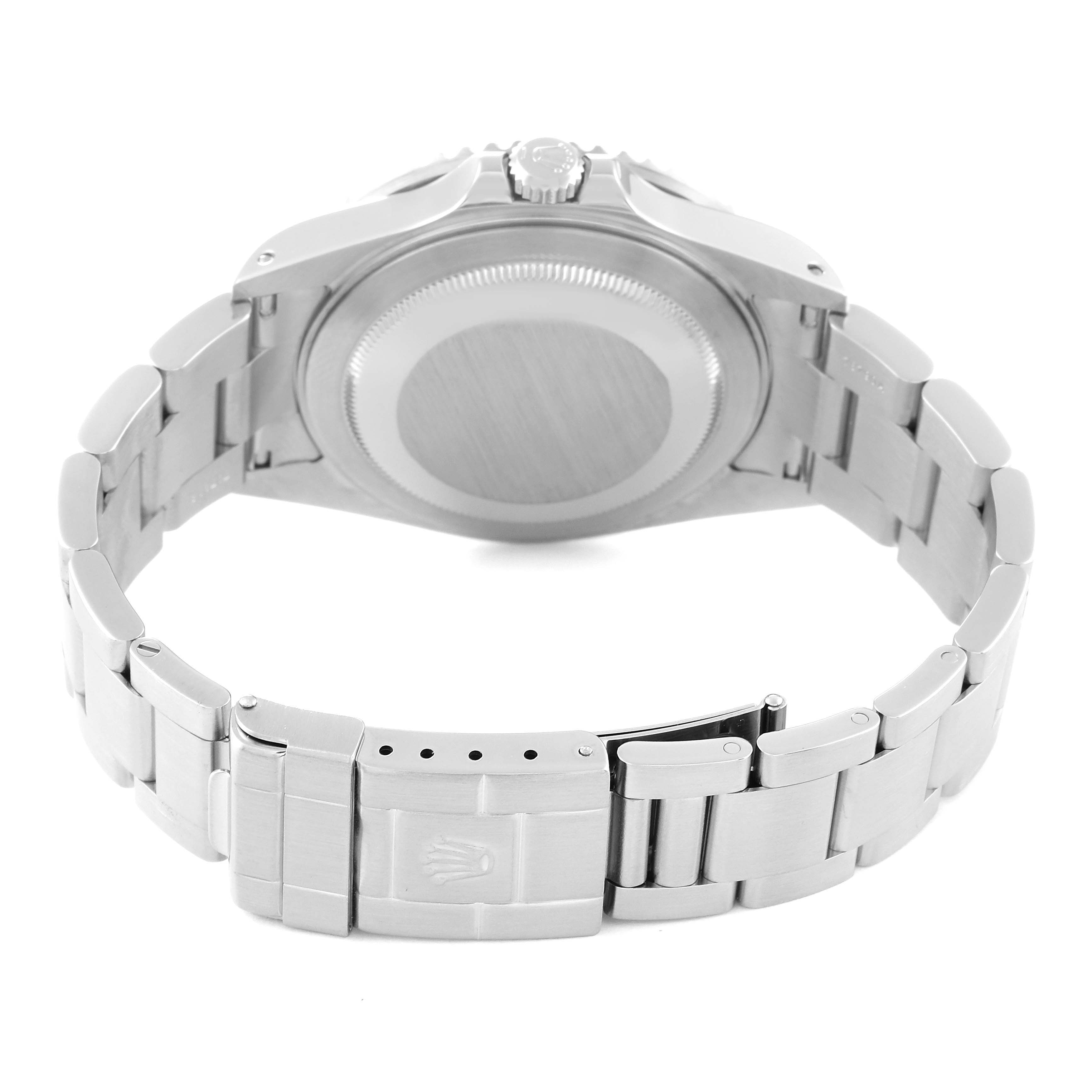 This image shows the back case and bracelet of a Rolex GMT-Master 16710 Men's Stainless Steel Black Dial 16710 Men's Stainless Steel Black Dial watch from a rear angle.