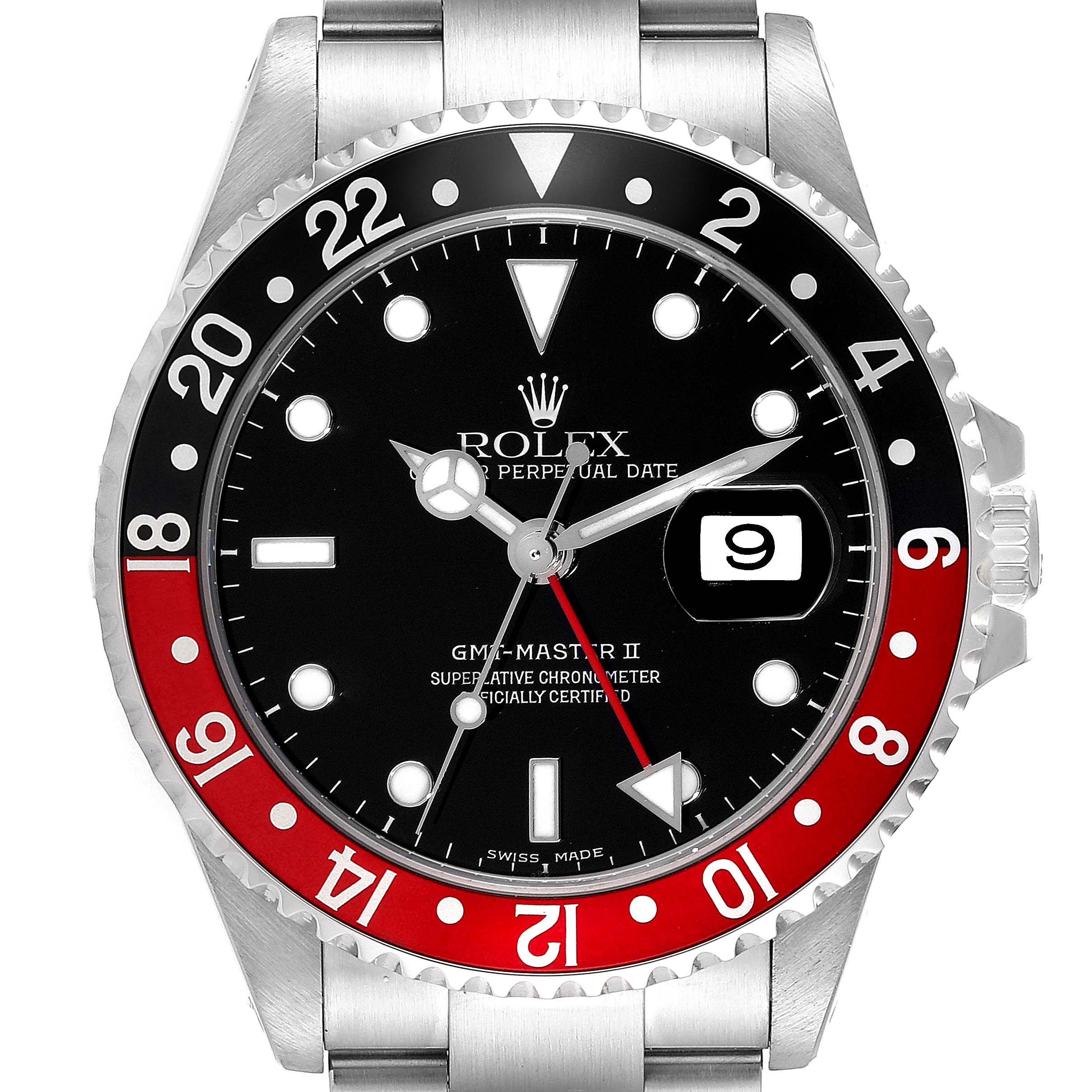 The image shows a front view of a Rolex GMT-Master 16710 Men's Stainless Steel Black Dial 16710 Men's Stainless Steel Black Dial II watch, highlighting its dial, bezel, and part of the bracelet.