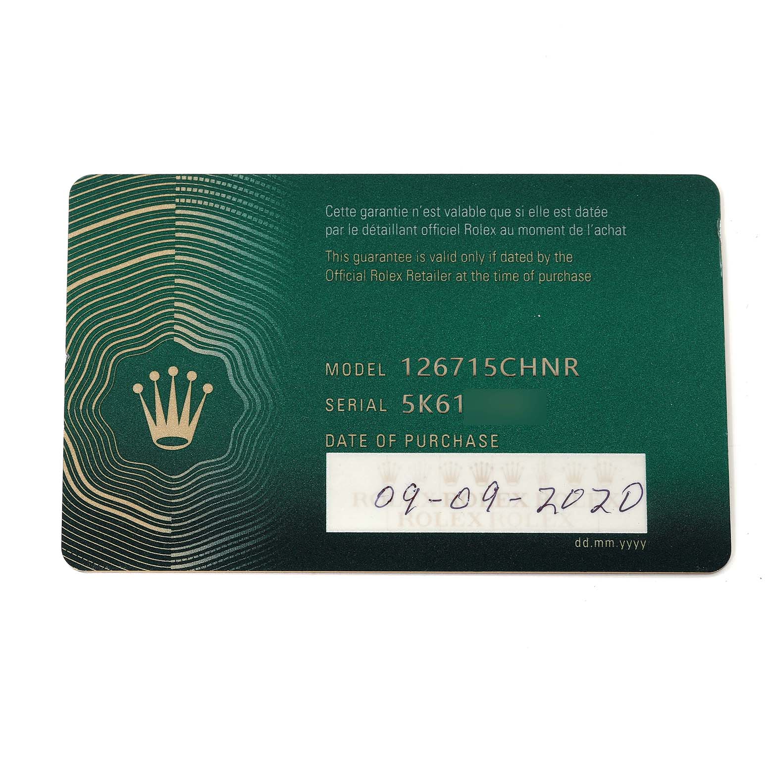 The image shows the warranty card for a Rolex GMT-Master 126715 Men's Rose Gold Black Dial 126715 Men's Rose Gold Black Dial model 126715CHNR, including details such as serial number and date of purchase.