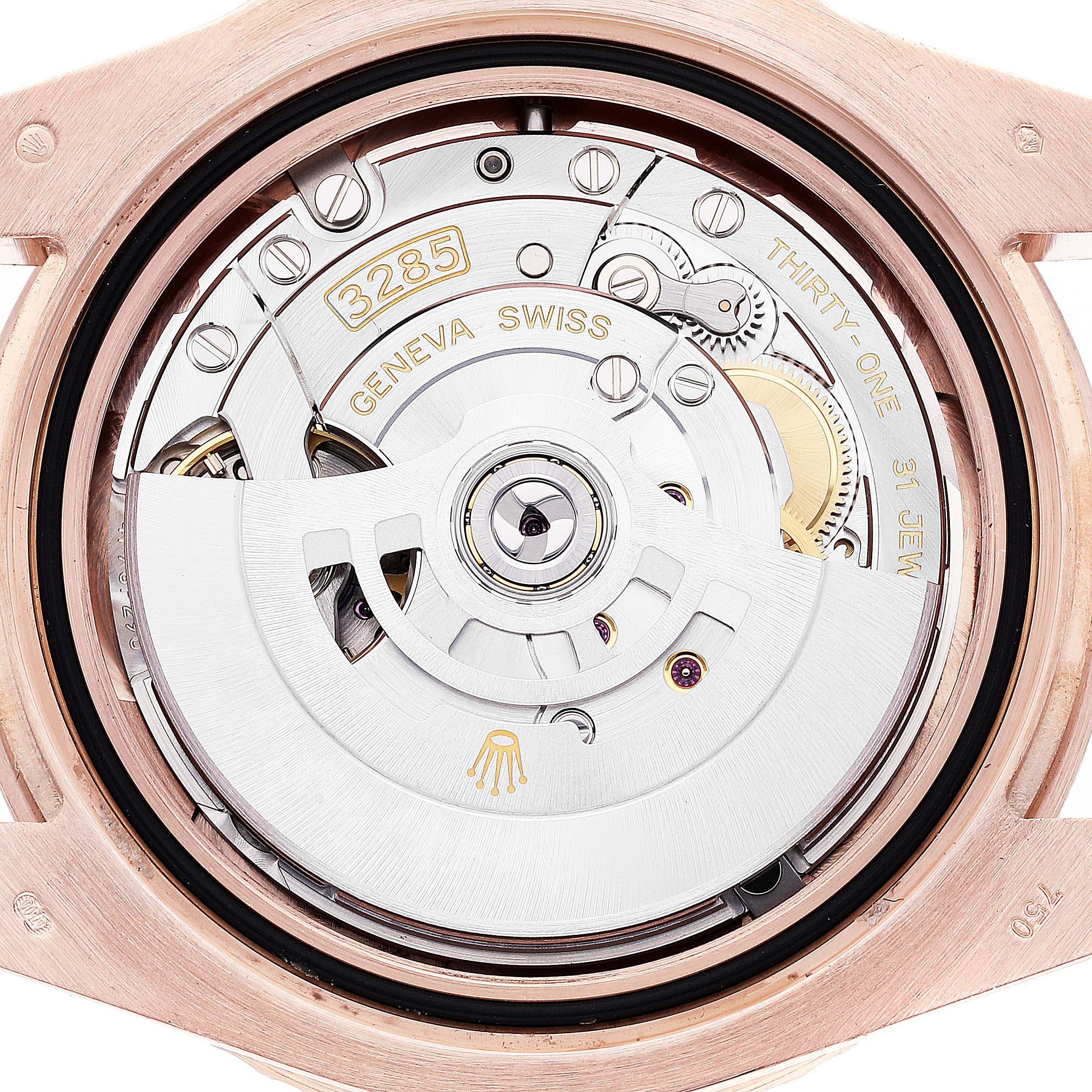 The image shows a close-up of the movement mechanism from the back of a Rolex GMT-Master 126715 Men's Rose Gold Black Dial 126715 Men's Rose Gold Black Dial watch, model 3285.