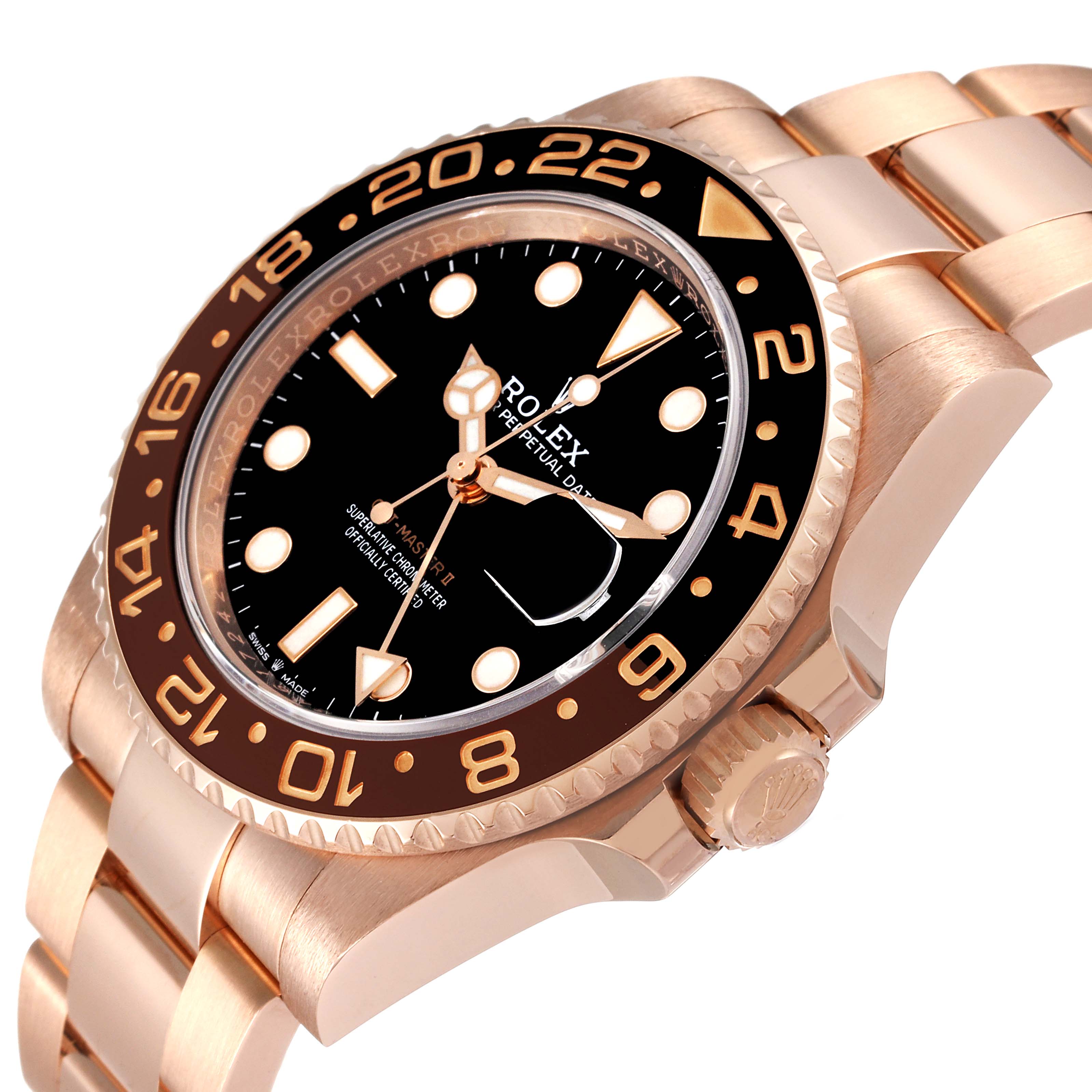 This image shows a side-angle view of a Rolex GMT-Master 126715 Men's Rose Gold Black Dial 126715 Men's Rose Gold Black Dial II watch, highlighting the bezel, dial, and bracelet.