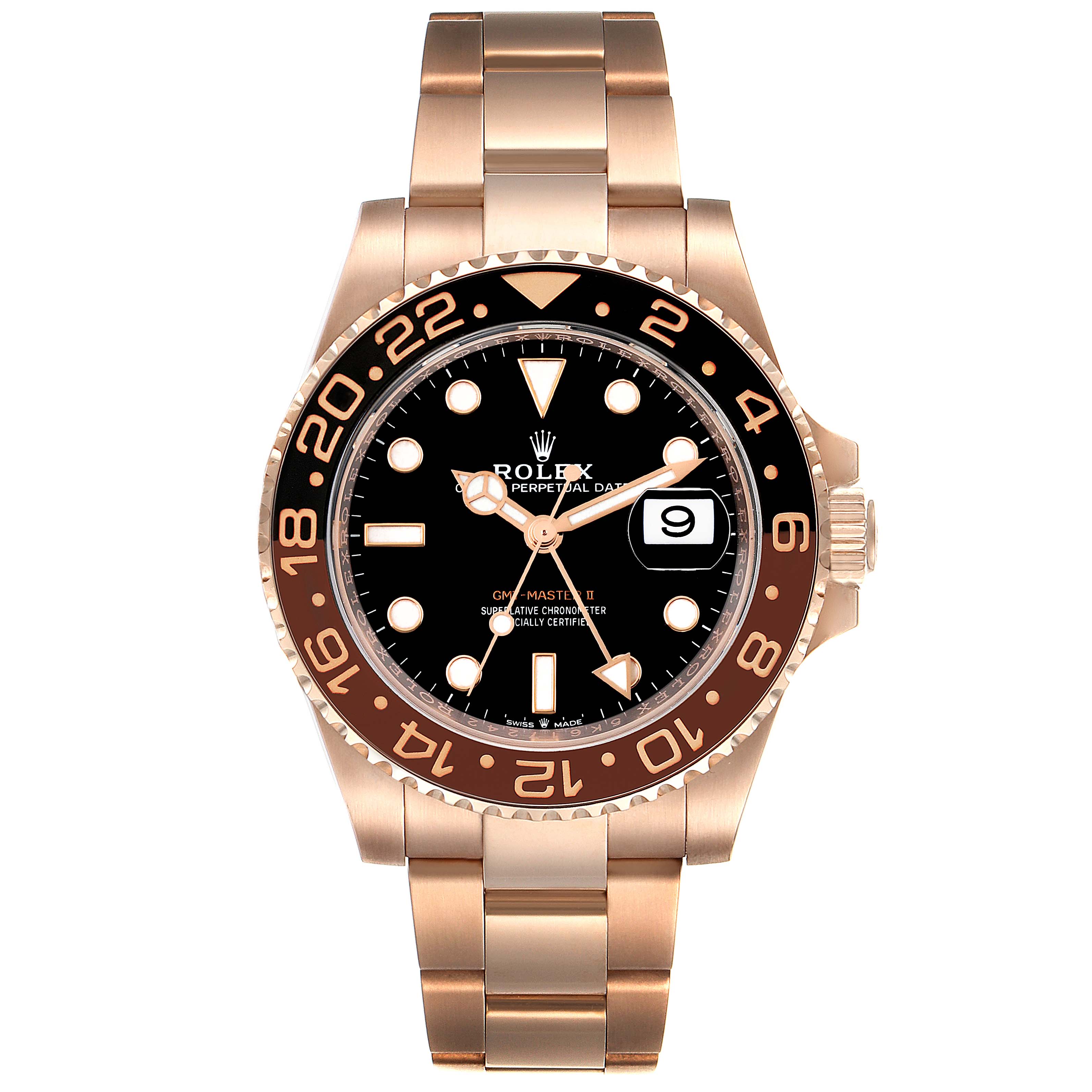 The Rolex GMT-Master 126715 Men's Rose Gold Black Dial 126715 Men's Rose Gold Black Dial II watch is shown from the front, displaying the face, bezel, bracelet, and crown.