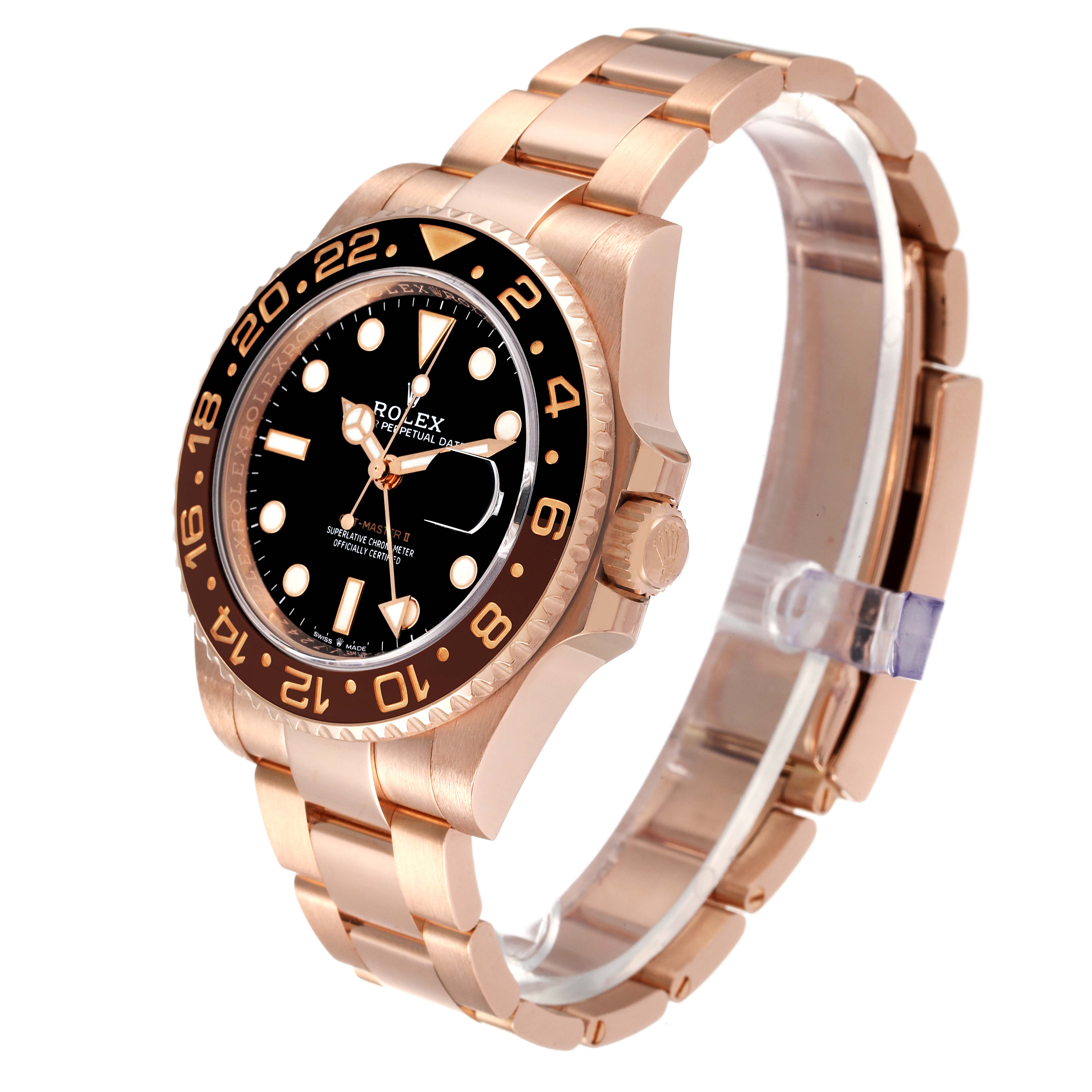 This Rolex GMT-Master 126715 Men's Rose Gold Black Dial 126715 Men's Rose Gold Black Dial watch is shown at a three-quarter angle, highlighting the face, bezel, crown, and bracelet.