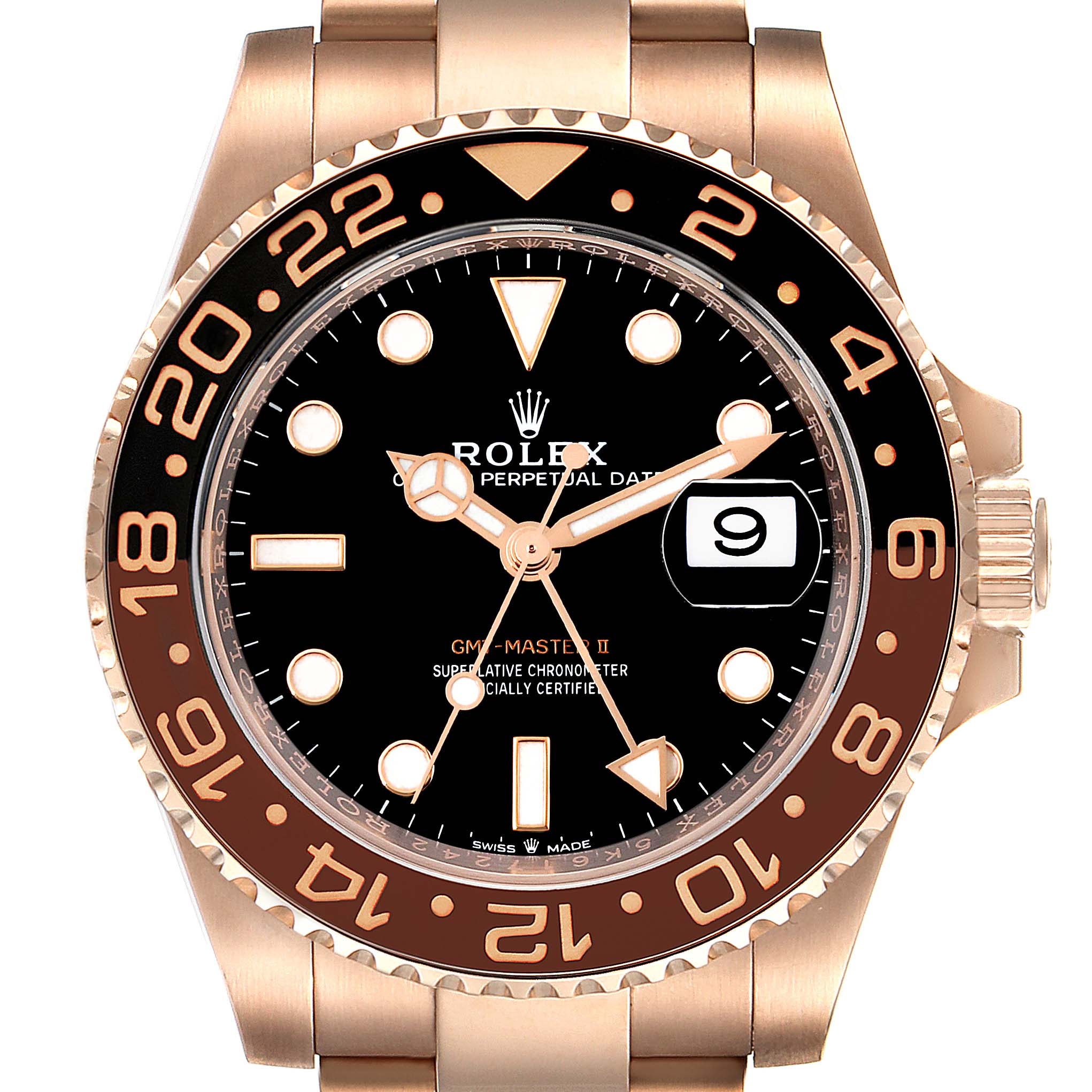 The image shows a front-facing angle of the Rolex GMT-Master 126715 Men's Rose Gold Black Dial 126715 Men's Rose Gold Black Dial II watch, highlighting the dial, bezel, hands, and bracelet.