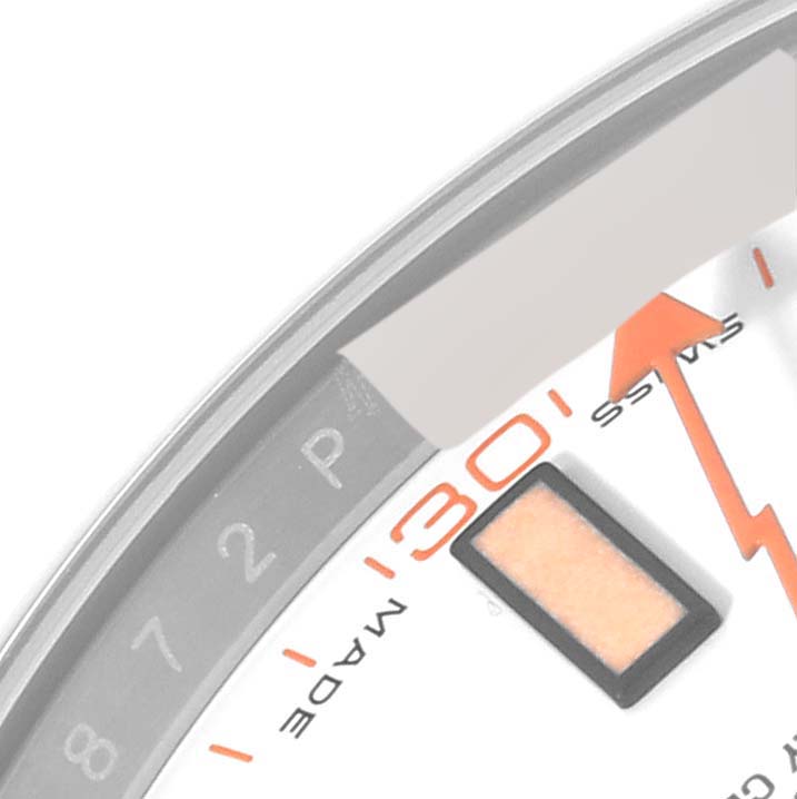 This image shows a close-up of the dial and seconds hand of a Rolex Milgauss 116400 Men's Stainless Steel White Dial 116400 Men's Stainless Steel White Dial watch at an angle highlighting the "30" marker.