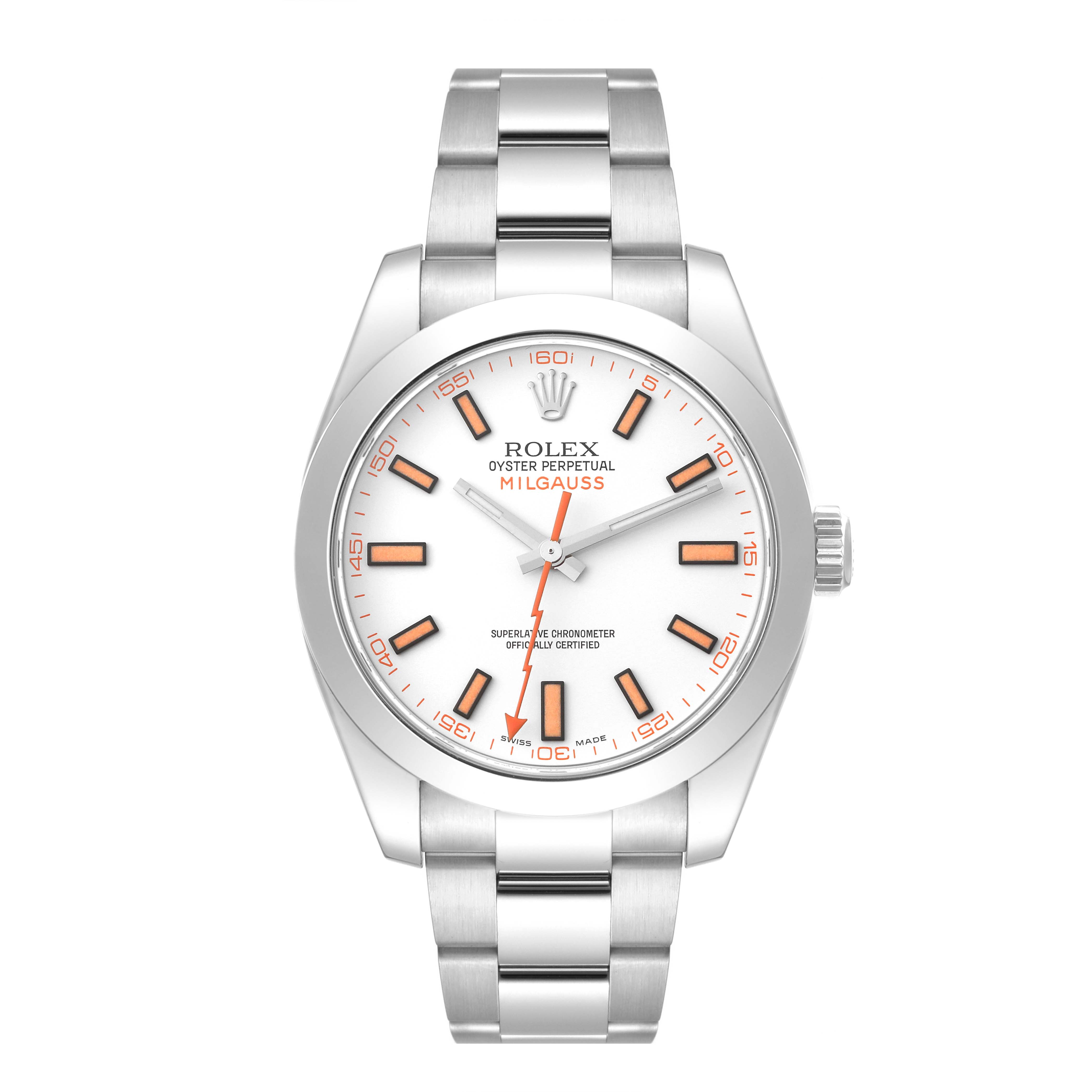 This image shows a front view of a Rolex Milgauss 116400 Men's Stainless Steel White Dial 116400 Men's Stainless Steel White Dial watch, including the dial, hands, case, and bracelet.
