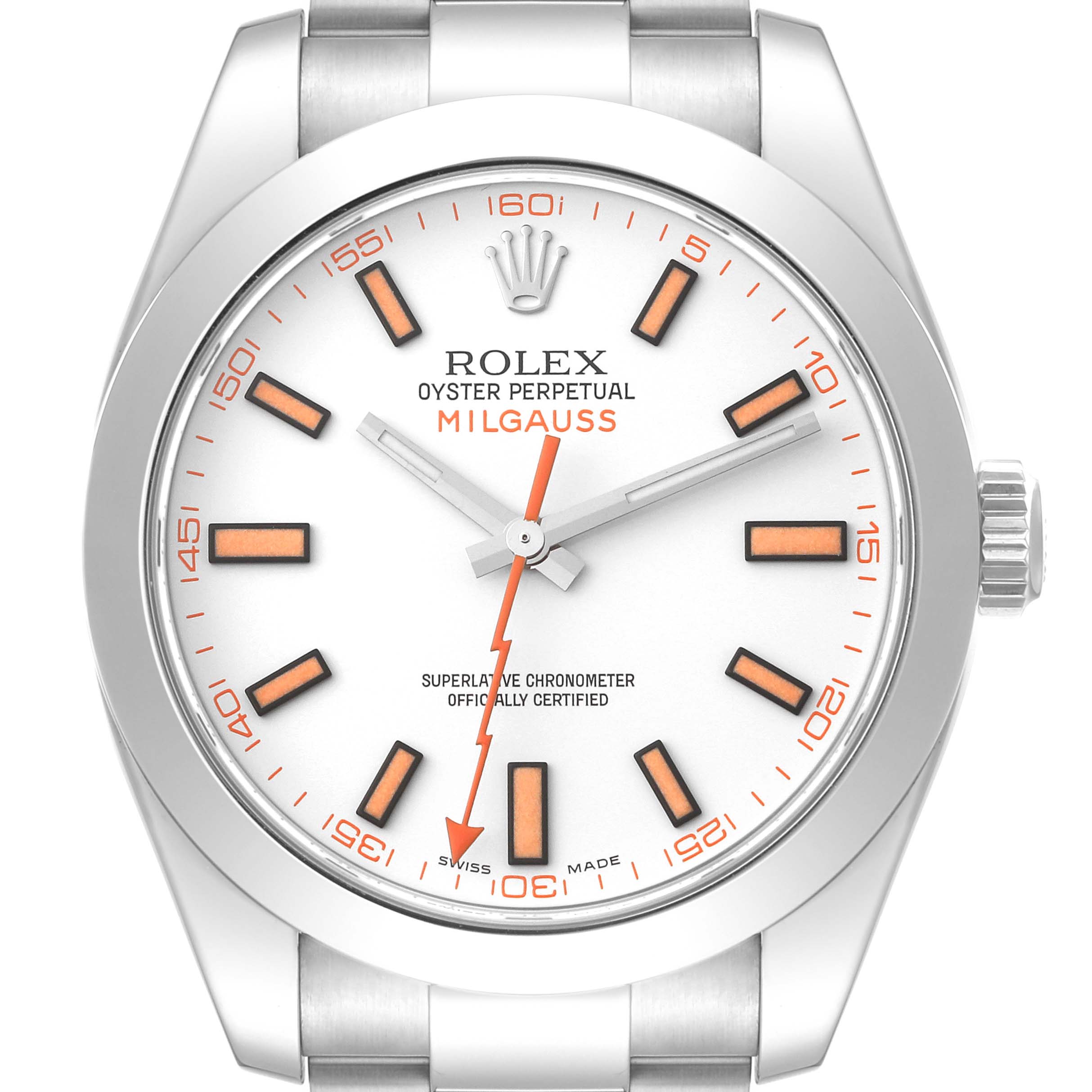 The image shows a front view of a Rolex Milgauss 116400 Men's Stainless Steel White Dial 116400 Men's Stainless Steel White Dial watch, featuring the dial, hands, crown, and part of the bracelet.