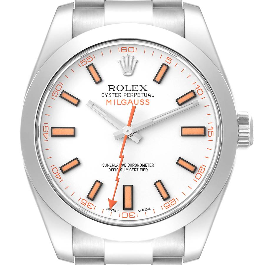 Rolex Milgauss White Dial Orange Markers Steel Mens Watch 116400 Box Card SwissWatchExpo