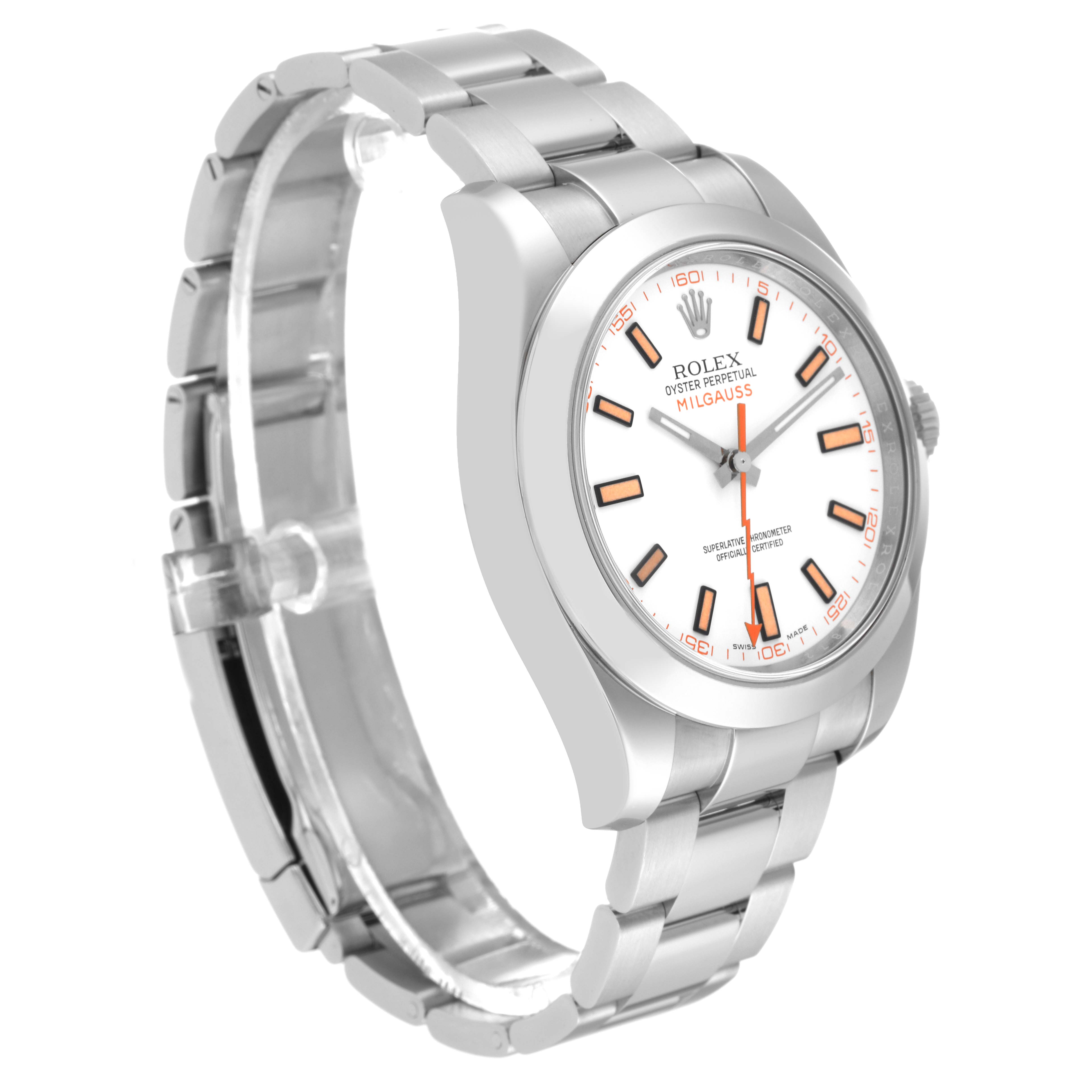 The Rolex Milgauss 116400 Men's Stainless Steel White Dial 116400 Men's Stainless Steel White Dial watch is shown from a three-quarter angle, displaying its case, dial, bracelet, and clasp.