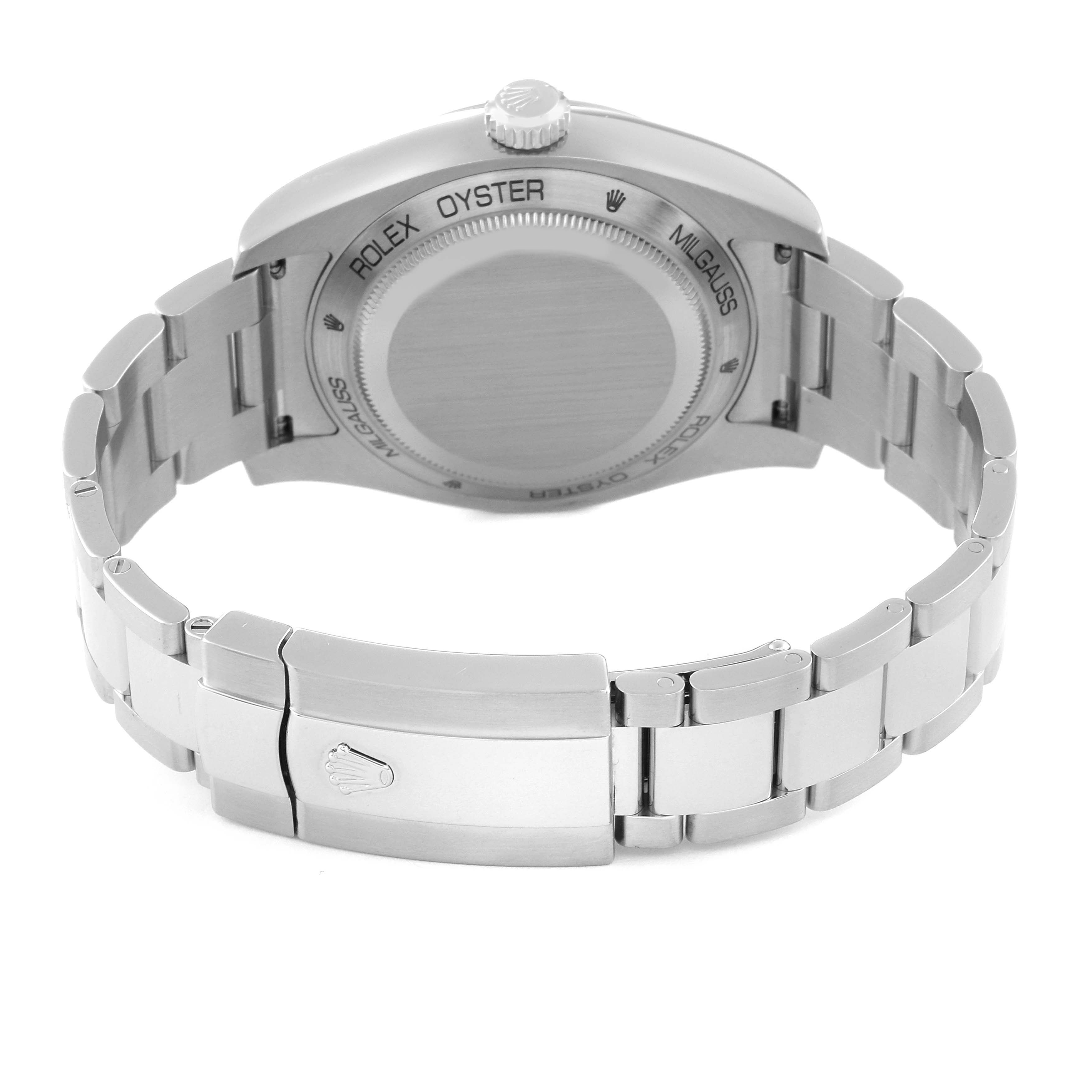 The image shows the back and clasp of a Rolex Milgauss 116400 Men's Stainless Steel White Dial 116400 Men's Stainless Steel White Dial watch from a rear angle.