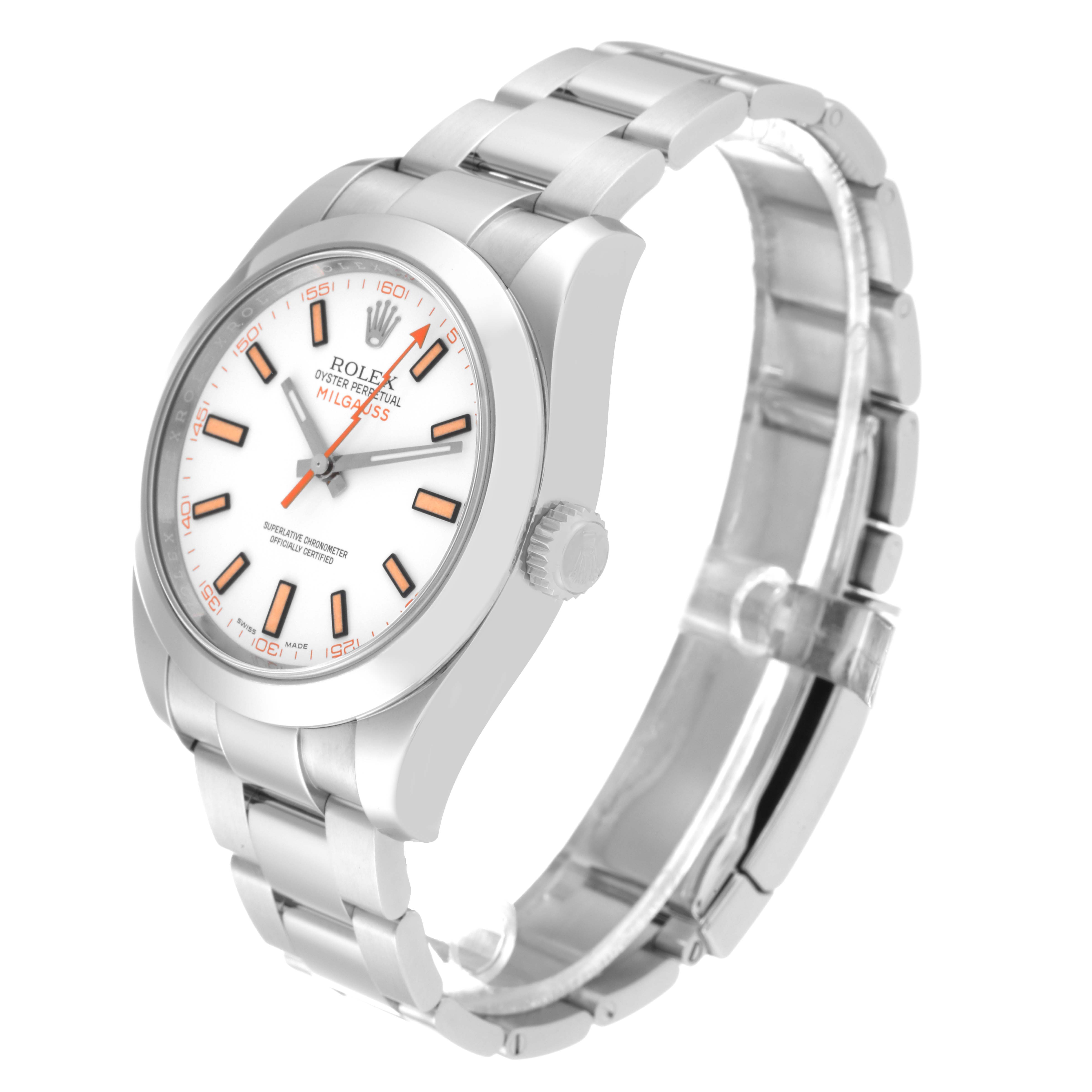 The image shows a Rolex Milgauss 116400 Men's Stainless Steel White Dial 116400 Men's Stainless Steel White Dial watch at a side angle, highlighting its dial, crown, and bracelet.