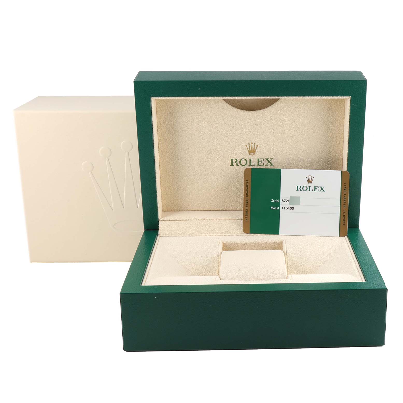 The image shows an open Rolex Milgauss 116400 Men's Stainless Steel White Dial 116400 Men's Stainless Steel White Dial watch box with a warranty card and outer box.