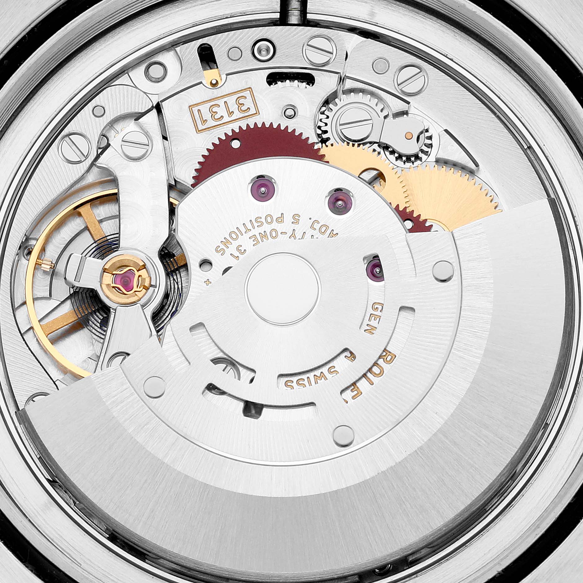 The image shows the intricate internal mechanical movement of the Rolex Milgauss 116400 Men's Stainless Steel White Dial 116400 Men's Stainless Steel White Dial watch, viewed from the back.